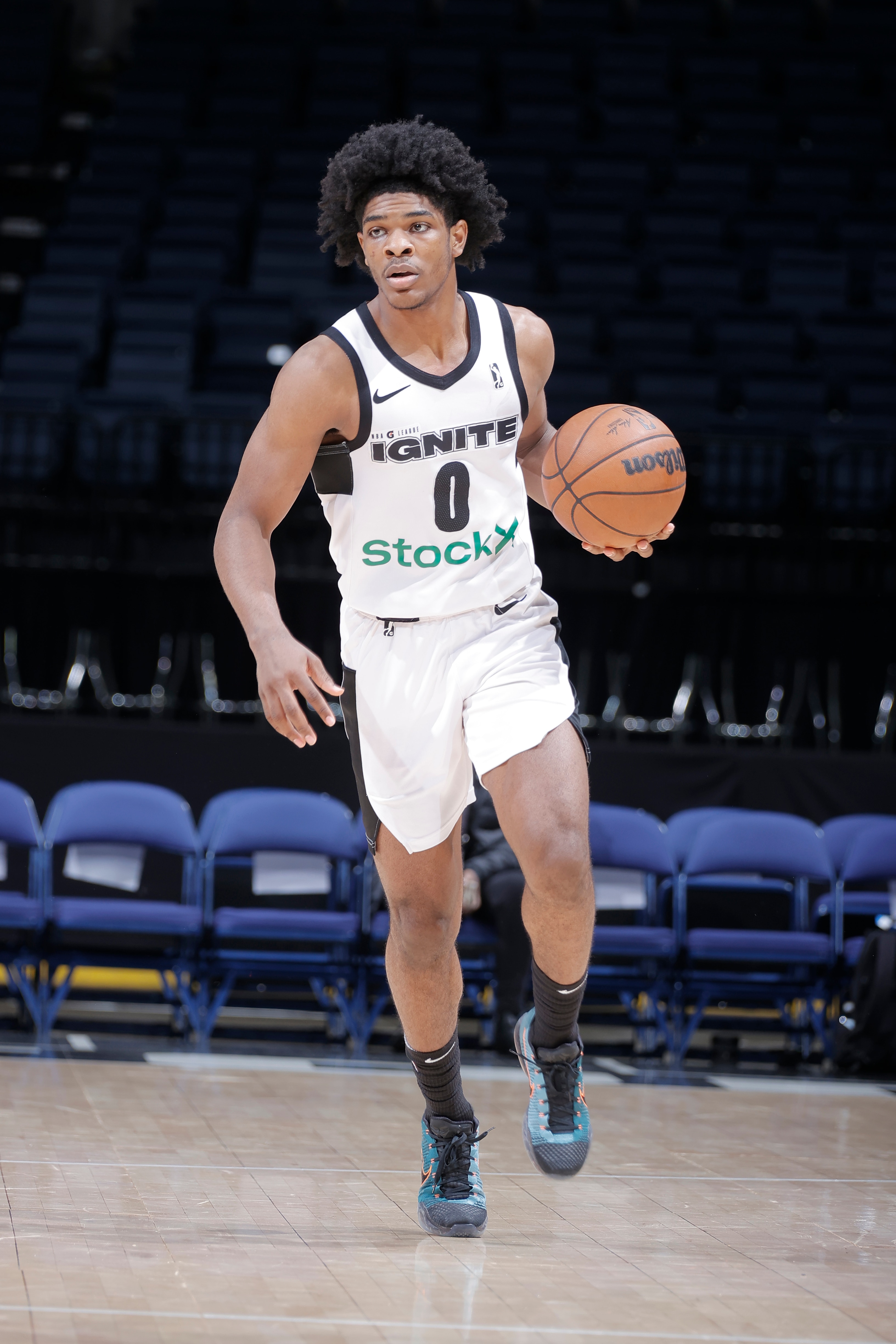 STOCKTON, CA - MARCH 6: Scoot Henderson #0 of the G League Ignite dribbles the ball during the game against the Stockton Kings on March 6, 2022 at Stockton Arena in Stockton, California. NOTE TO USER: User expressly acknowledges and agrees that, by downloading and or using this photograph, User is consenting to the terms and conditions of the Getty Images Agreement. Mandatory Copyright Notice: Copyright 2022 NBAE (Photo by Rocky Widner/NBAE via Getty Images)
