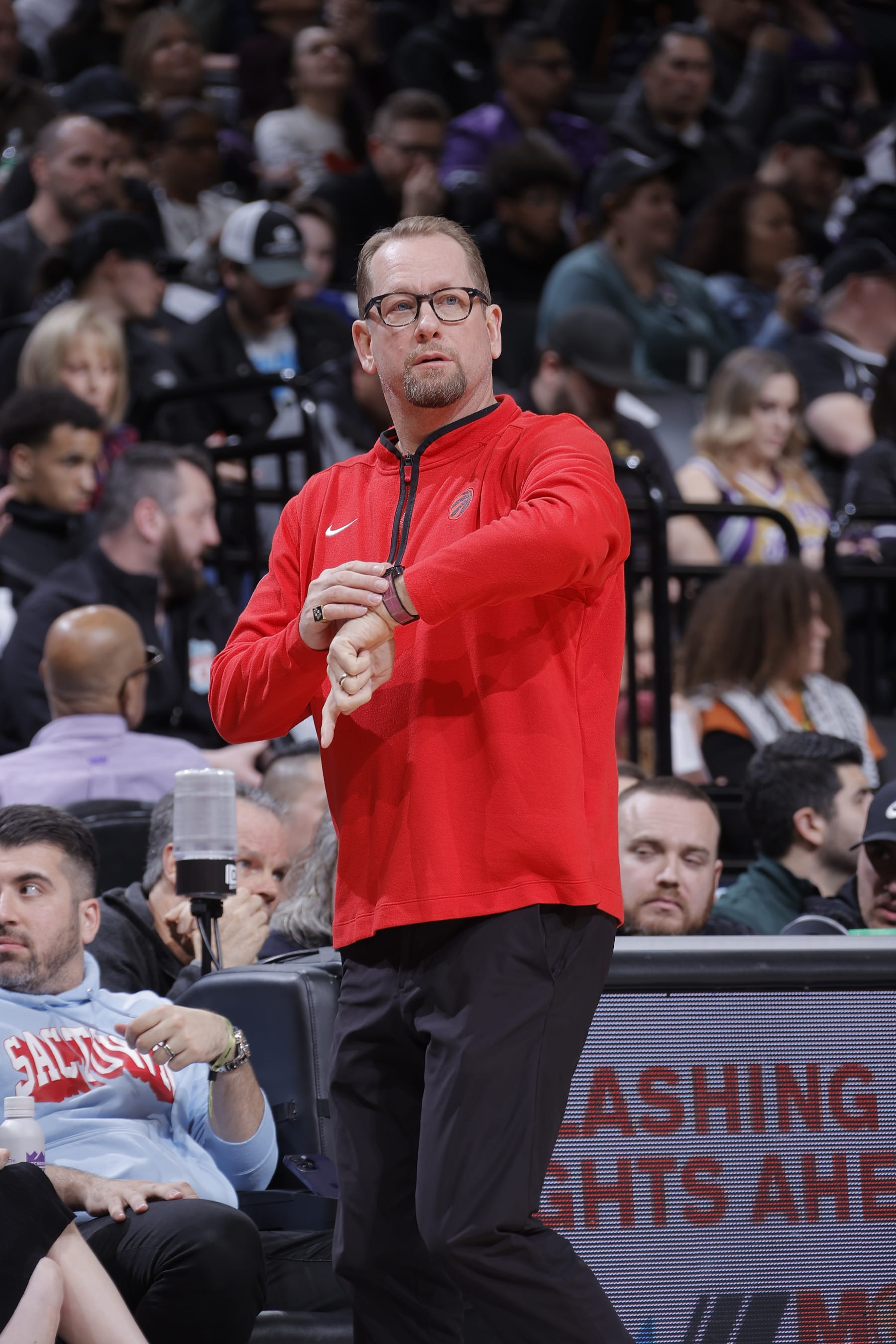 SACRAMENTO, CA - JANUARY 25: Head Coach of the Toronto Raptors Nick Nurse looks on during the game against the Sacramento Kings on January 25, 2023 at Golden 1 Center in Sacramento, California. NOTE TO USER: User expressly acknowledges and agrees that, by downloading and or using this photograph, User is consenting to the terms and conditions of the Getty Images Agreement. Mandatory Copyright Notice: Copyright 2023 NBAE (Photo by Rocky Widner/NBAE via Getty Images)