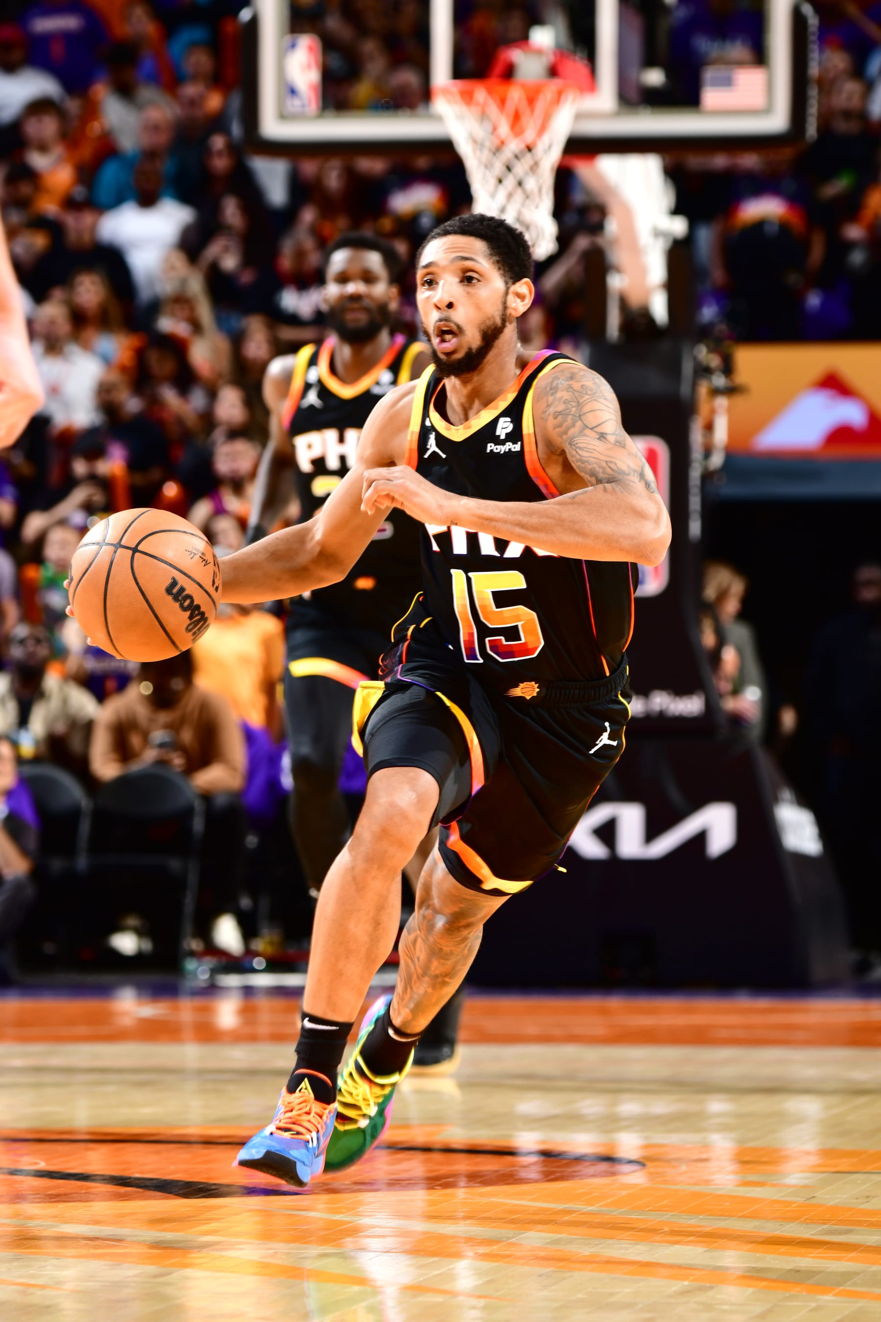 PHOENIX, AZ - MAY 5: Cameron Payne #15 of the Phoenix Suns dribbles the ball during Game 3 of the 2023 NBA Playoffs Western Conference Semi-Finals against the Denver Nuggets on May 5, 2023 at Footprint Center in Phoenix, Arizona. NOTE TO USER: User expressly acknowledges and agrees that, by downloading and or using this photograph, user is consenting to the terms and conditions of the Getty Images License Agreement. Mandatory Copyright Notice: Copyright 2023 NBAE (Photo by Barry Gossage/NBAE via Getty Images)