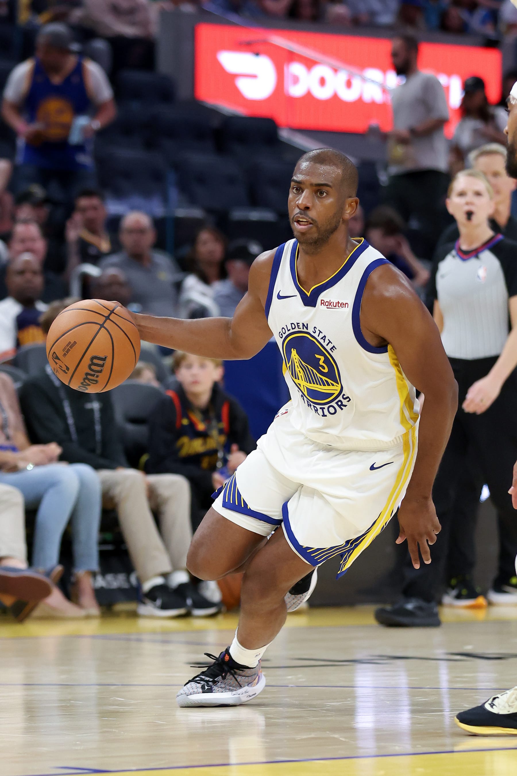 SAN FRANCISCO, CALIFORNIA - OCTOBER 07: Chris Paul #3 of the Golden State Warriors dribbles the ball against the Los Angeles Lakers at Chase Center on October 07, 2023 in San Francisco, California. NOTE TO USER: User expressly acknowledges and agrees that, by downloading and/or using this photograph, user is consenting to the terms and conditions of the Getty Images License Agreement. (Photo by Ezra Shaw/Getty Images)