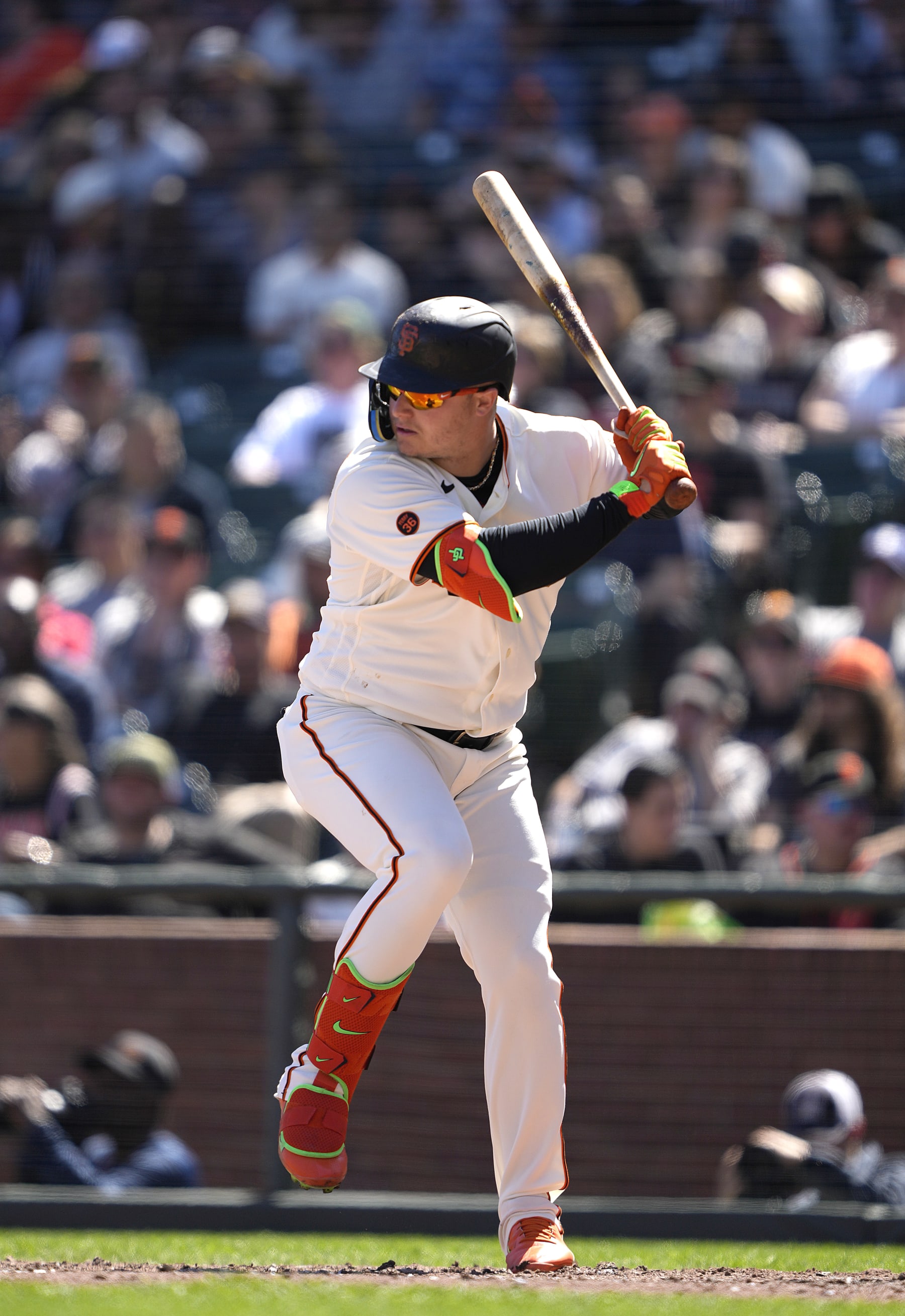 SAN FRANCISCO, CALIFORNIA - APRIL 09: Joc Pederson #23 of the San Francisco Giants bats against the Kansas City Royals in the bottom of the seventh inning of a major league baseball game at Oracle Park on April 09, 2023 in San Francisco, California. (Photo by Thearon W. Henderson/Getty Images)