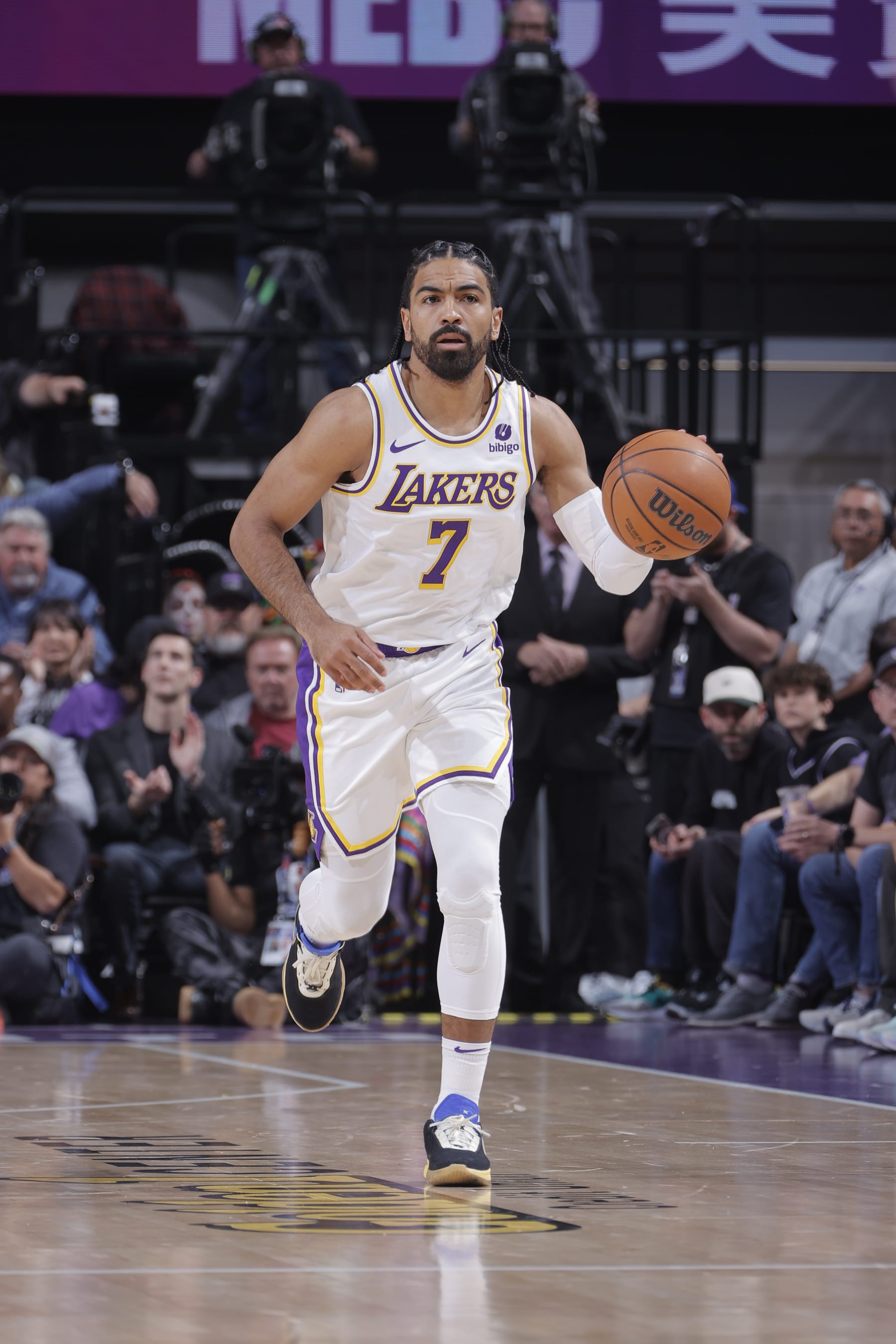 SACRAMENTO, CA - OCTOBER 29: Gabe Vincent #7 of the Los Angeles Lakers handles the ball during the game against the Sacramento Kings on October 29, 2023 at Golden 1 Center in Sacramento, California. NOTE TO USER: User expressly acknowledges and agrees that, by downloading and or using this Photograph, user is consenting to the terms and conditions of the Getty Images License Agreement. Mandatory Copyright Notice: Copyright 2023 NBAE (Photo by Rocky Widner/NBAE via Getty Images)