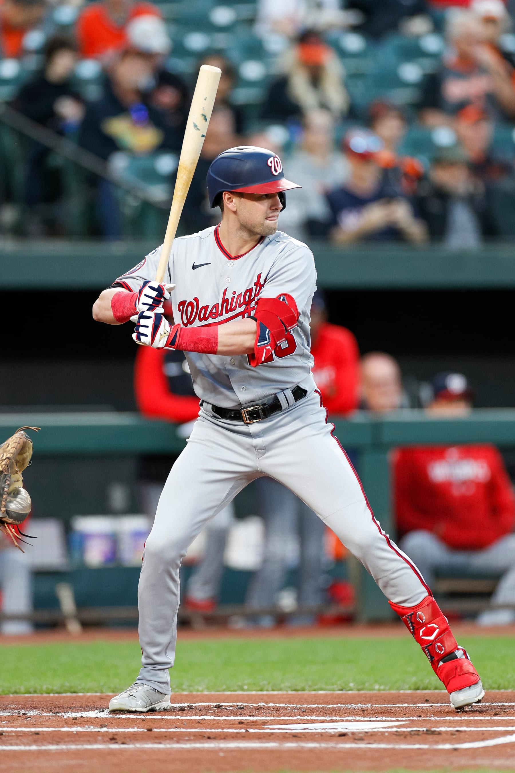 BALTIMORE, MARYLAND - SEPTEMBER 27: Lane Thomas #28 of the Washington Nationals bats in the first inning during a game against the Baltimore Orioles at Oriole Park at Camden Yards on September 27, 2023 in Baltimore, Maryland. (Photo by Brandon Sloter/Getty Images)