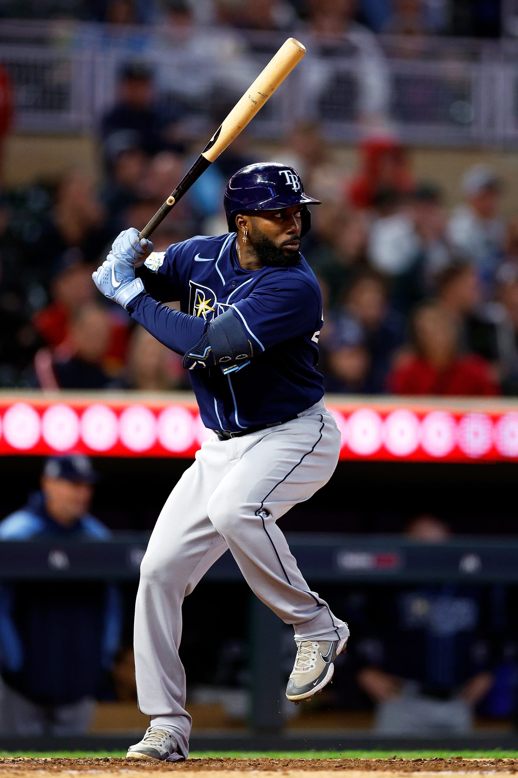 MINNEAPOLIS, MINNESOTA - SEPTEMBER 12: Randy Arozarena #56 of the Tampa Bay Rays takes an at-bat against the Minnesota Twins in the fifth inning at Target Field on September 12, 2023 in Minneapolis, Minnesota. The Twins defeated the Rays 3-2. (Photo by David Berding/Getty Images)