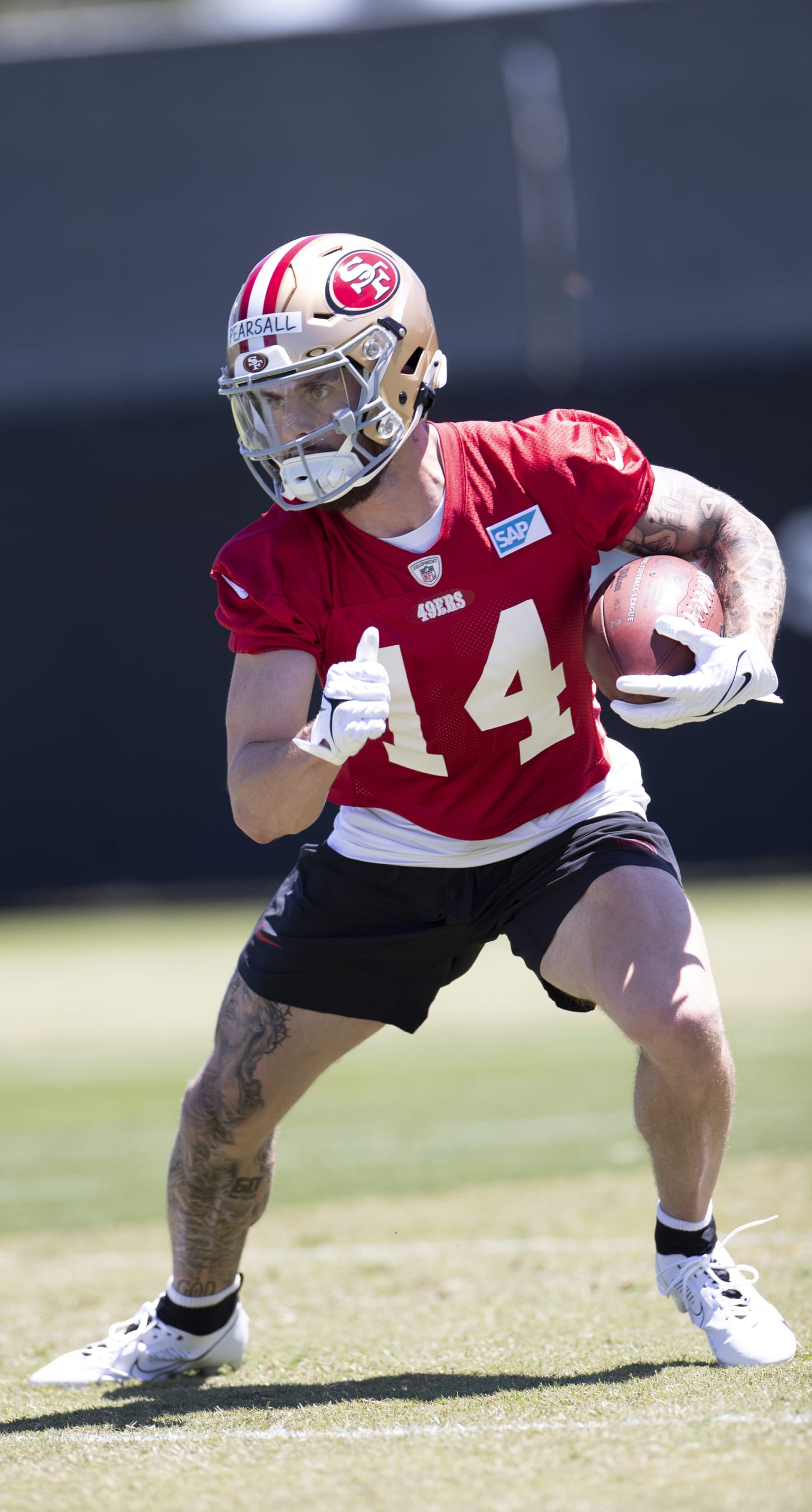 SANTA CLARA, CA - MAY 10: Ricky Pearsall #14 of the San Francisco 49ers during Rookie Minicamp at the SAP Performance Facility on May 10, 2024 in Santa Clara, California. (Photo by Michael Zagaris/San Francisco 49ers/Getty Images)