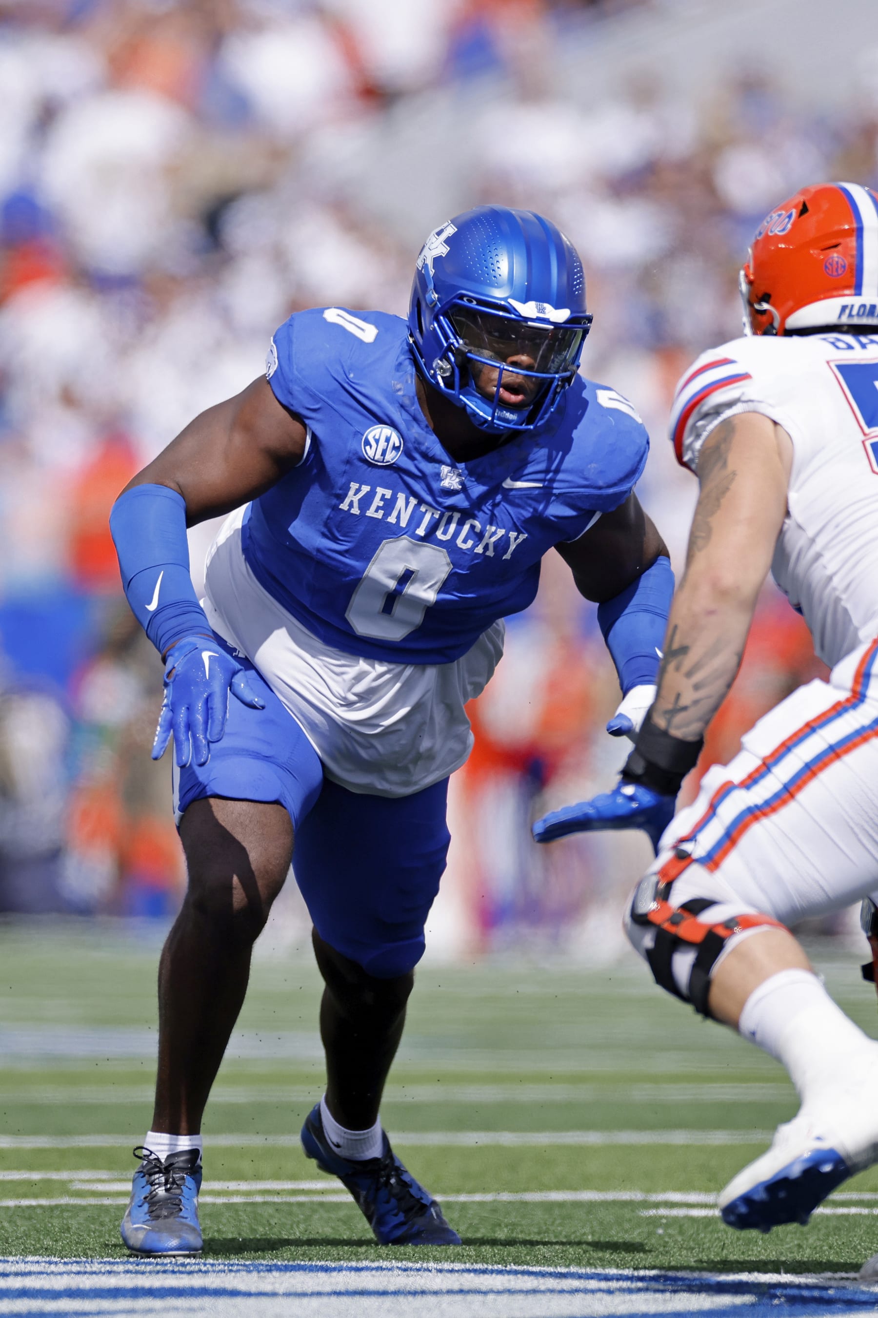 LEXINGTON, KY - SEPTEMBER 30: Kentucky Wildcats defensive lineman Deone Walker (0) rushes on defense during a college football game against the Florida Gators on September 30, 2023 at Kroger Field in Lexington, Kentucky. (Photo by Joe Robbins/Icon Sportswire via Getty Images)
