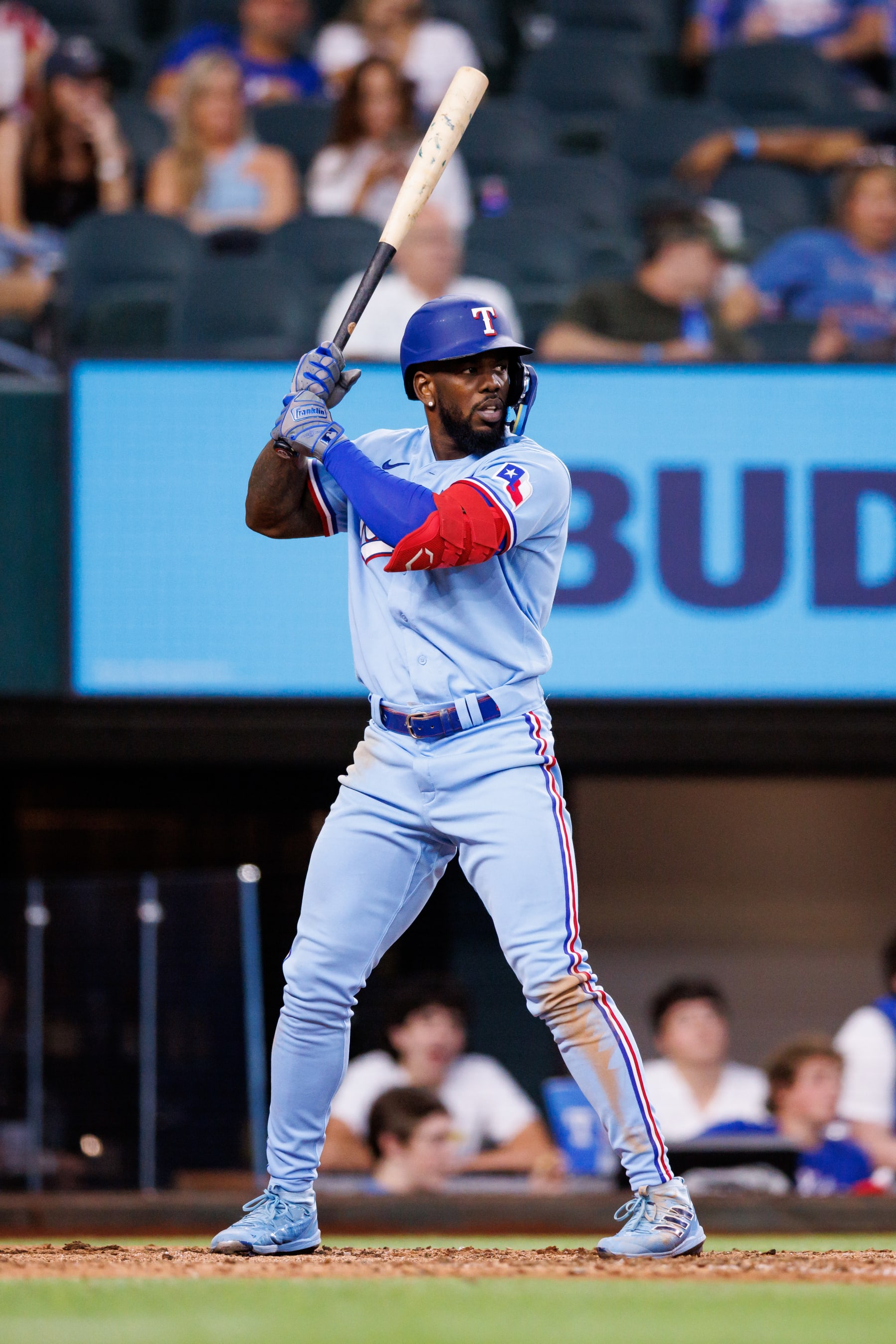 ARLINGTON, TX - AUGUST 28: Adolis Garcia #53 of the Texas Rangers bats during a game against the Detroit Tigers at Globe Life Field on August 28, 2022 in Arlington, Texas. (Photo by Bailey Orr/Texas Rangers/Getty Images)