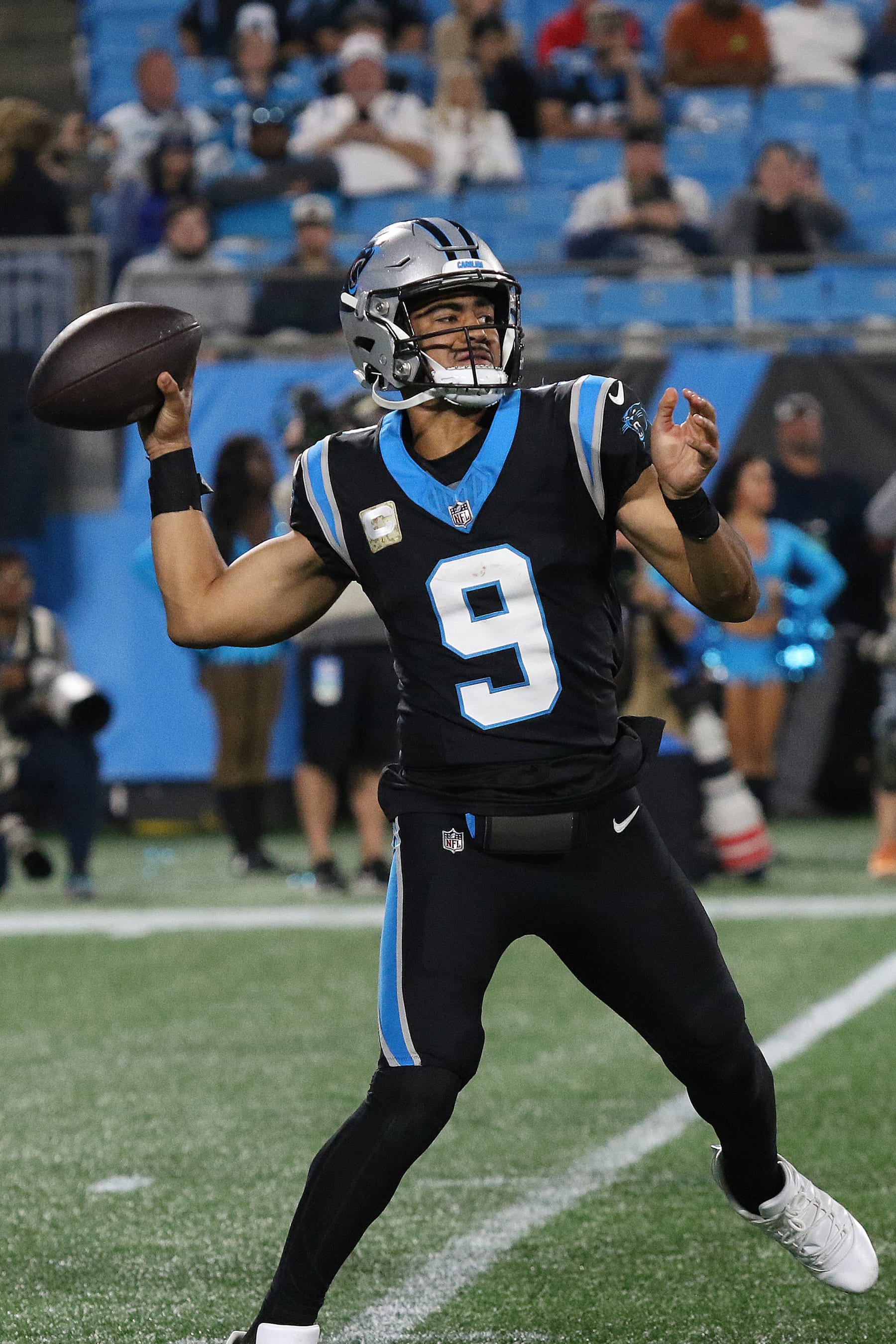 CHARLOTTE, NC - NOVEMBER 05: Carolina Panthers quarterback Bryce Young (9) during a NFL football game between the Indianapolis Colts and the Carolina Panthers on November 5, 2023 at Bank of America Stadium in Charlotte, N.C. (Photo by John Byrum/Icon Sportswire via Getty Images)