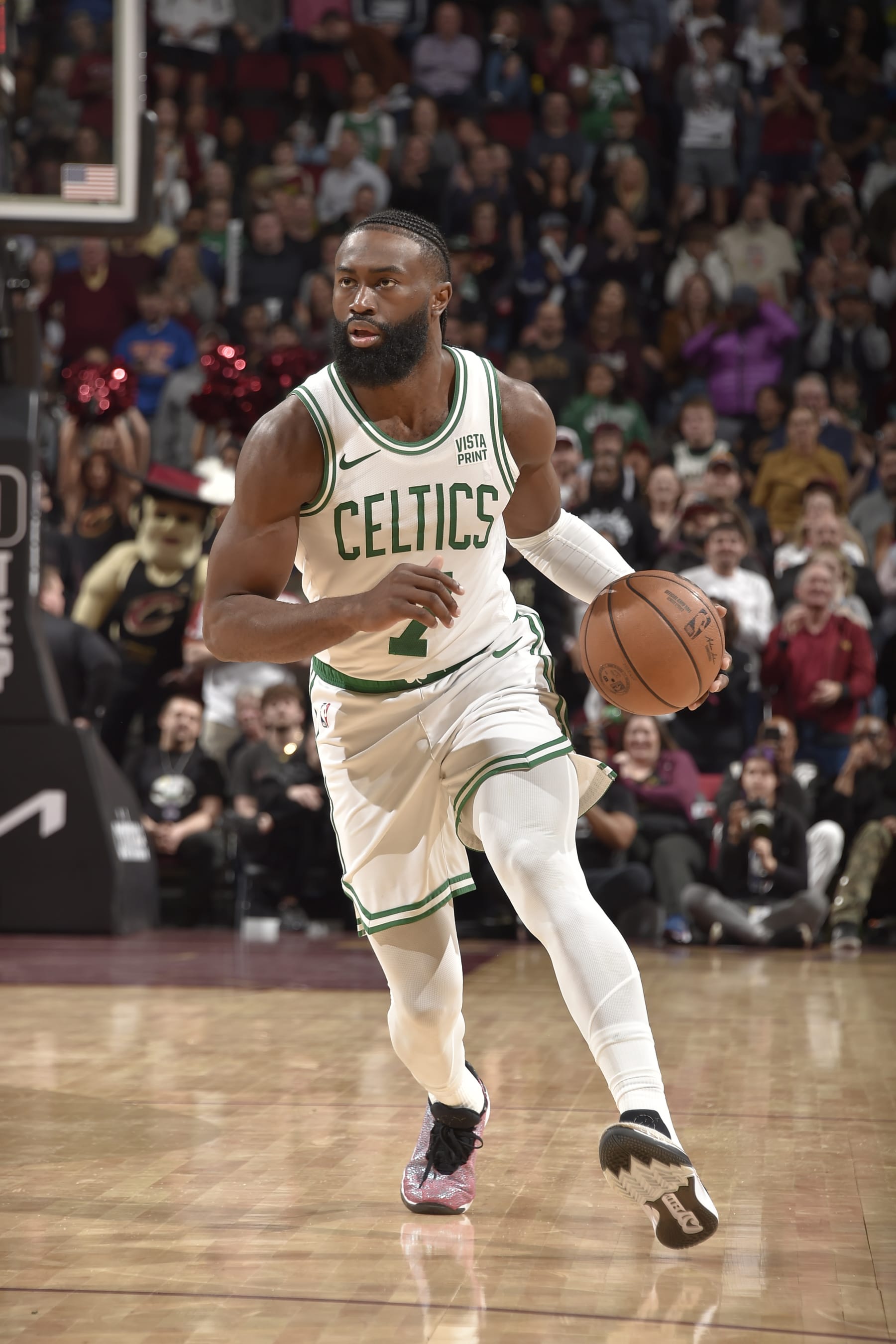 CLEVELAND, OH - MARCH 5: Jaylen Brown #7 of the Boston Celtics dribbles the ball during the game against the Cleveland Cavaliers on March 5, 2024 at Rocket Mortgage FieldHouse in Cleveland, Ohio. NOTE TO USER: User expressly acknowledges and agrees that, by downloading and/or using this Photograph, user is consenting to the terms and conditions of the Getty Images License Agreement. Mandatory Copyright Notice: Copyright 2024 NBAE (Photo by David Liam Kyle/NBAE via Getty Images)