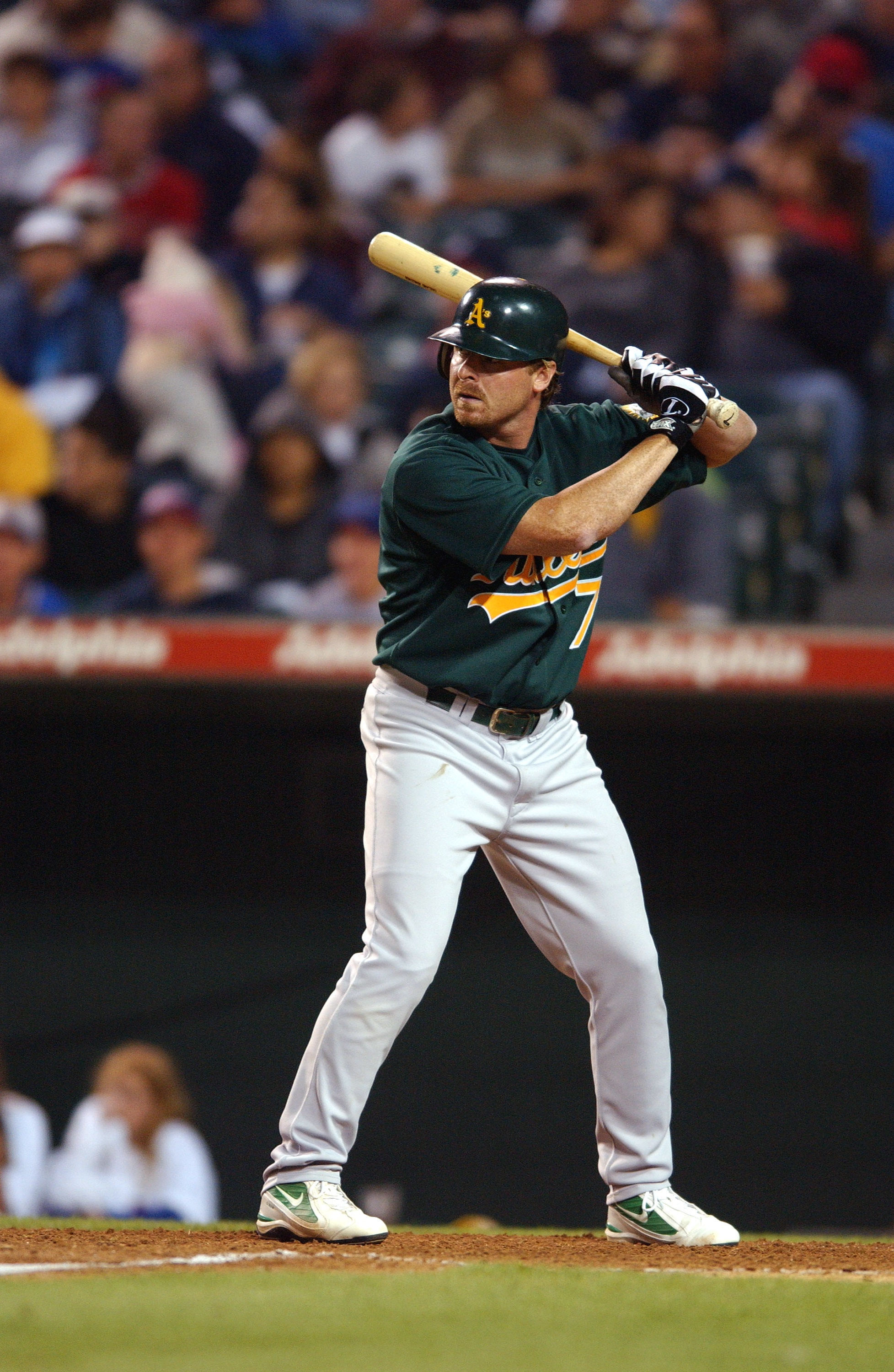 12 April 2002: Jeremy Giambi of the Oakland A's during the A's 5-1 victory over the Anaheim Angels at Edison Field in Anaheim, CA. (Photo by John Cordes/Icon Sportswire via Getty Images)
