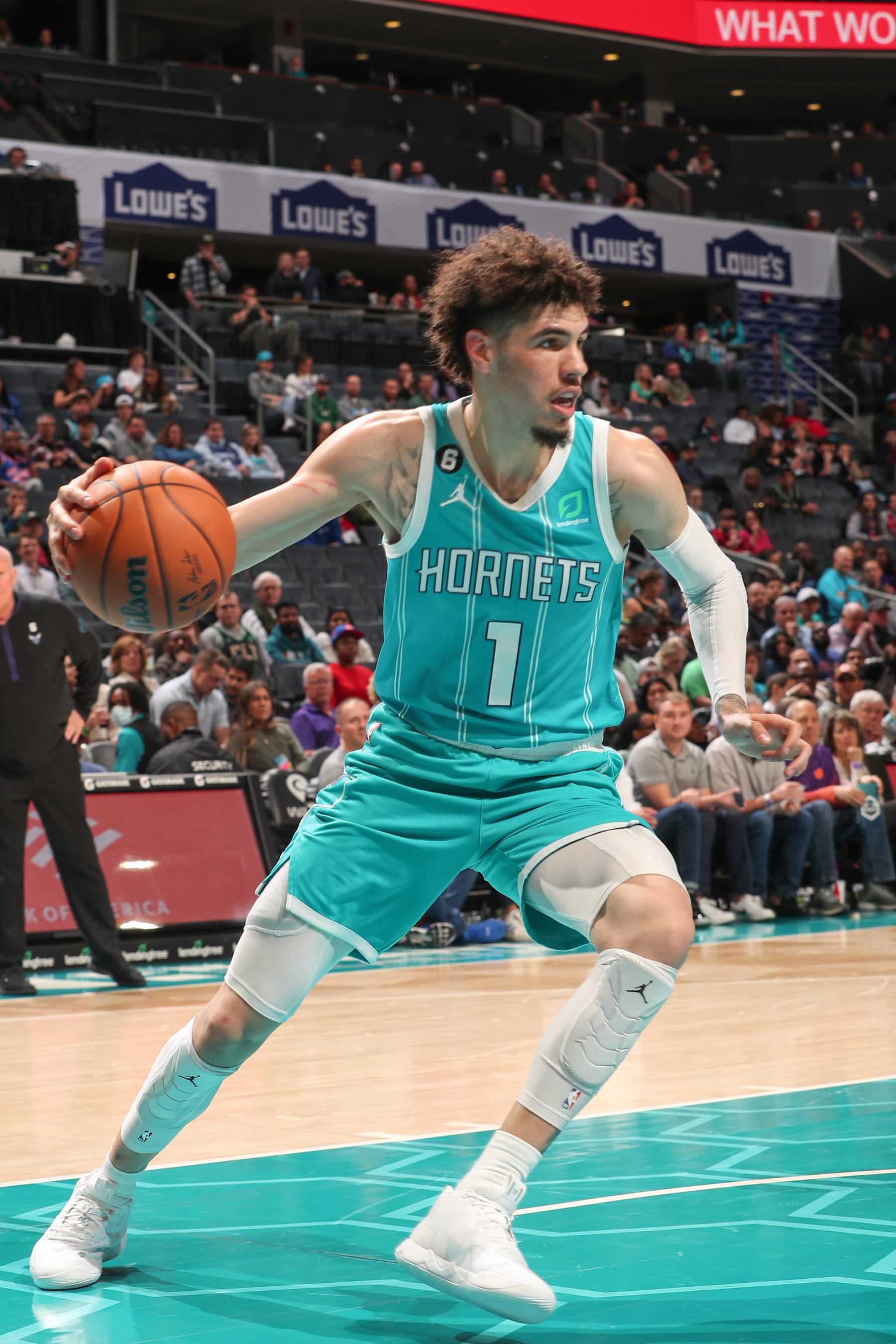 CHARLOTTE, NC - FEBUARY 27:  LaMelo Ball #1 of the Charlotte Hornets handles the ball during the game  on Febuary 27, 2023 at Spectrum Center in Charlotte, North Carolina. NOTE TO USER: User expressly acknowledges and agrees that, by downloading and or using this photograph, User is consenting to the terms and conditions of the Getty Images License Agreement. Mandatory Copyright Notice: Copyright 2023 NBAE (Photo by Kent Smith/NBAE via Getty Images)