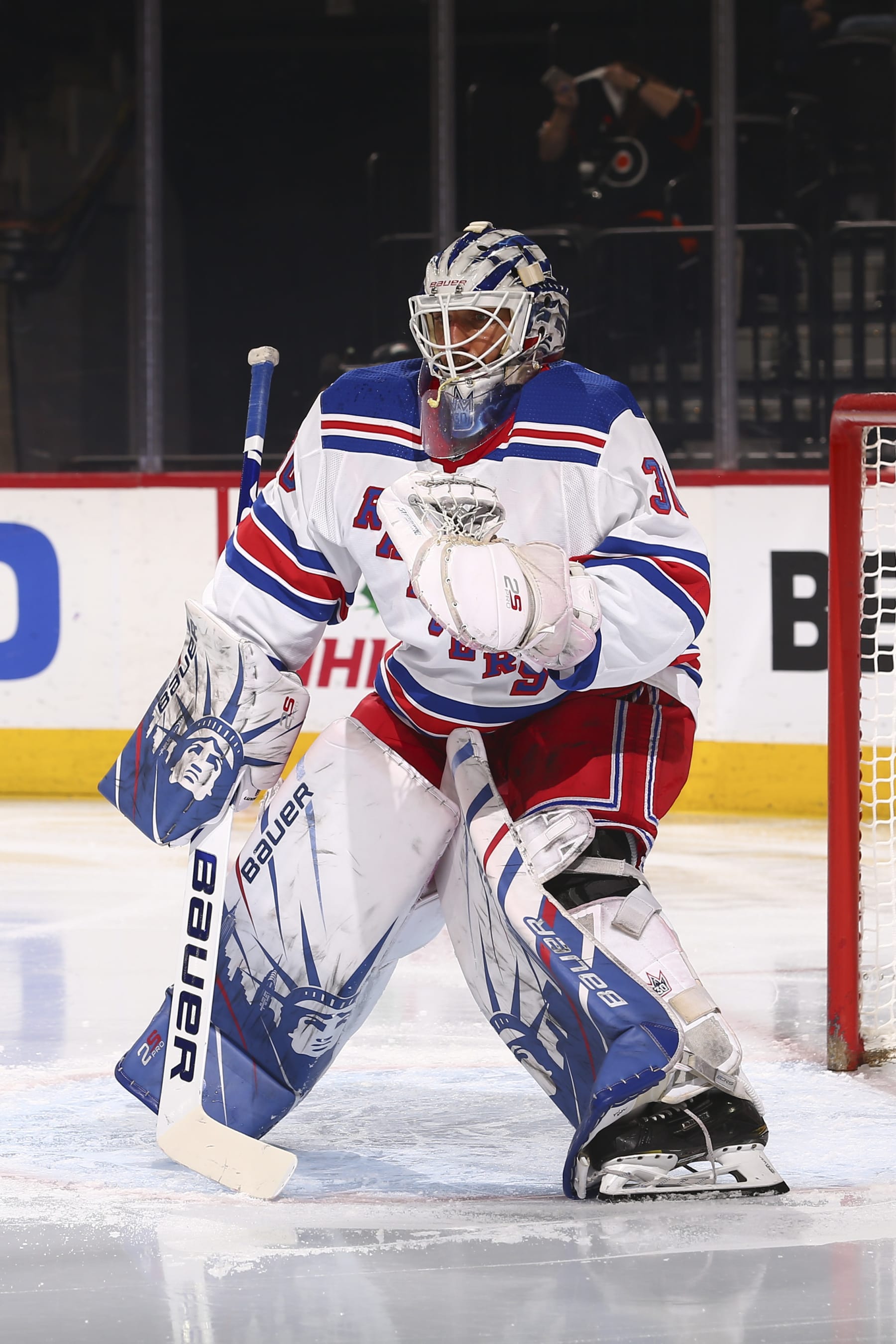 PHILADELPHIA, PA - DECEMBER 23: Henrik Lundqvist #30 of the New York Rangers in action against the Philadelphia Flyers at the Wells Fargo Center on December 23, 2019 in Philadelphia, Pennsylvania. (Photo by Mitchell Leff/Getty Images)