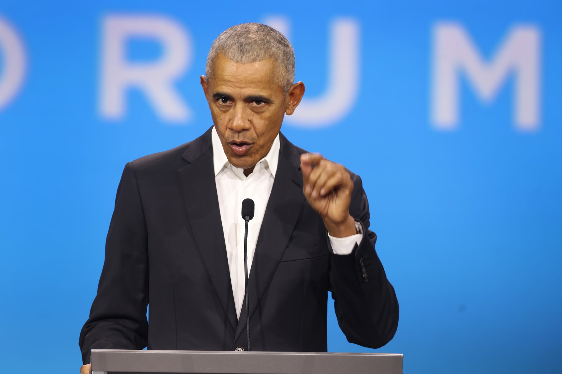 CHICAGO, ILLINOIS - NOVEMBER 03: Former President Barack Obama speaks to attendees at the Obama Foundation Democracy Forum on November 03, 2023 in Chicago, Illinois. Obama spoke about economic inclusion is fundamental to safeguarding and expanding democracies in countries around the world. (Photo by Scott Olson/Getty Images)