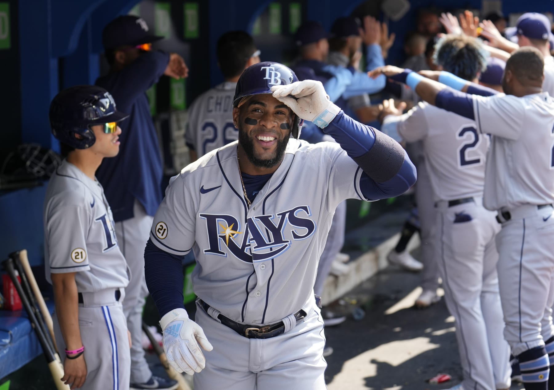 TORONTO, ON - SEPTEMBER 15: Yandy Diaz #2 of the Tampa Bay Rays celebrates his home run in the dugout against the Toronto Blue Jays in the second inning during their MLB game at the Rogers Centre on September 15, 2022 in Toronto, Ontario, Canada. (Photo by Mark Blinch/Getty Images)