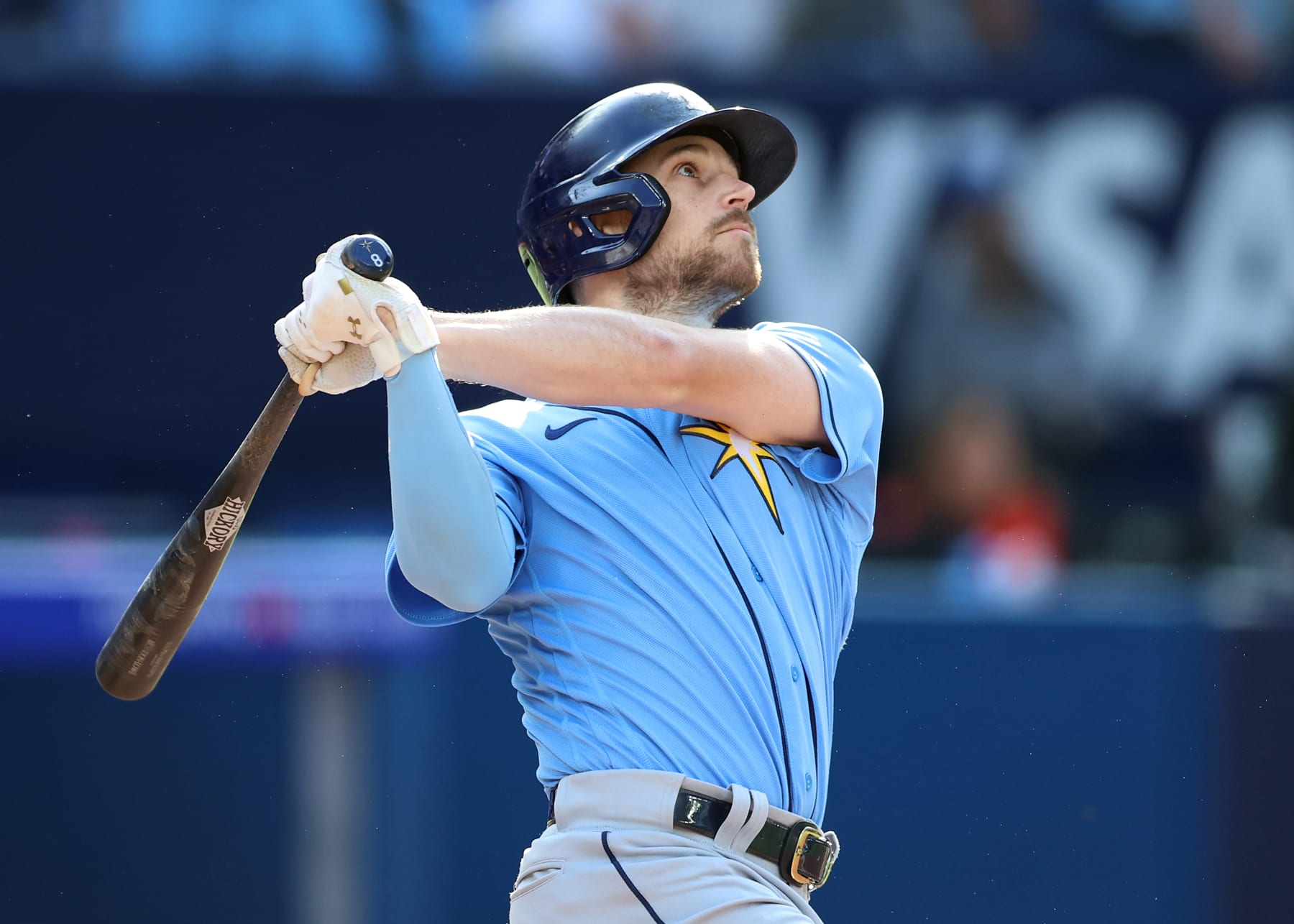 TORONTO, ON - APRIL 15:  Brandon Lowe #8 of the Tampa Bay Rays bats during a game against the Toronto Blue Jays at Rogers Centre on April 15, 2023 in Toronto, Ontario, Canada. All players are wearing the number 42 in honor of Jackie Robinson Day.  (Photo by Vaughn Ridley/Getty Images)