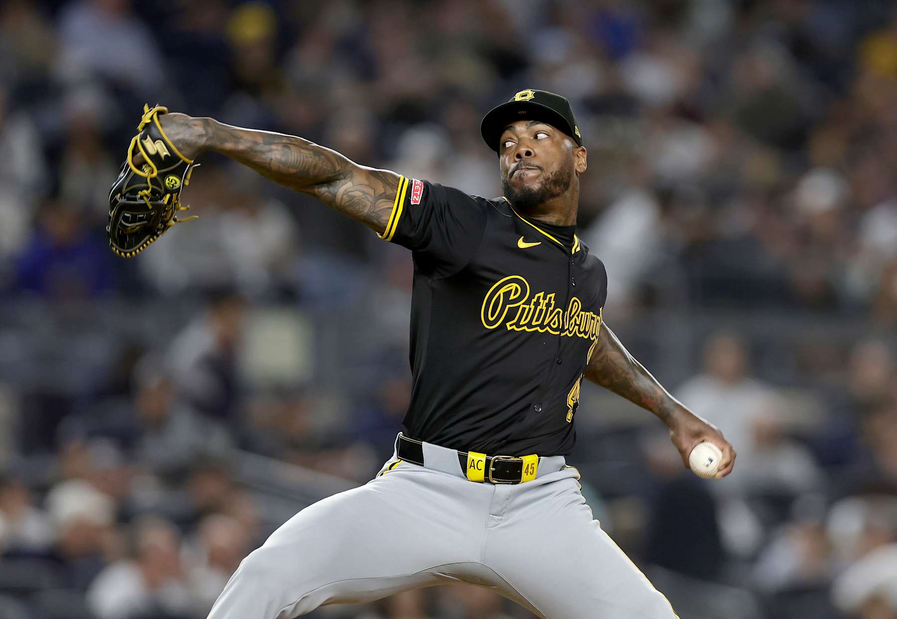 NEW YORK, NEW YORK - SEPTEMBER 27:  Aroldis Chapman #45 of the Pittsburgh Pirates in action against the New York Yankees at Yankee Stadium on September 27, 2024 in New York City. The Pirates defeated the Yankees 4-2. (Photo by Jim McIsaac/Getty Images)