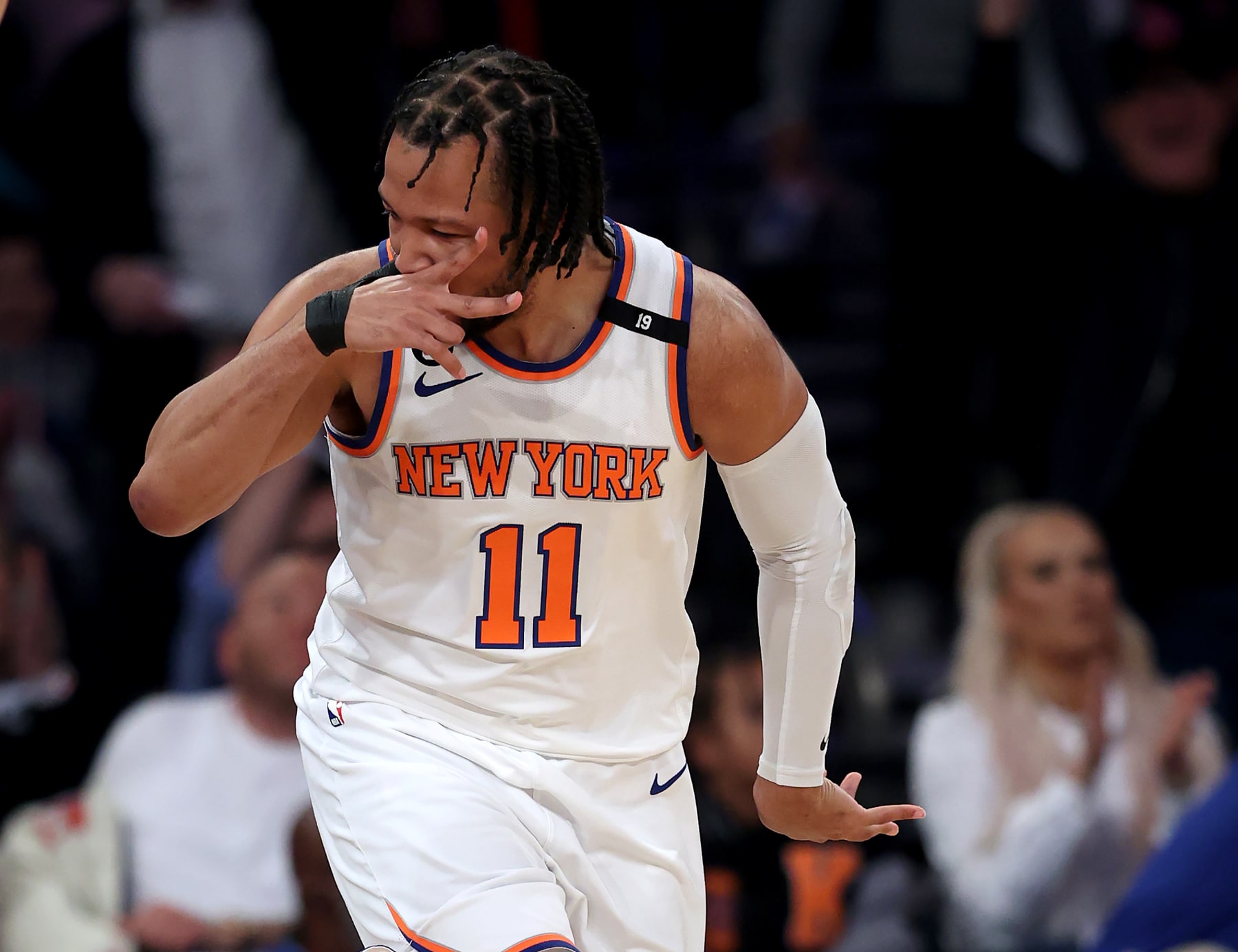 NEW YORK, NEW YORK - MAY 02:  Jalen Brunson #11 of the New York Knicks celebrates his three point shot in the first half against the Miami Heat during game two of the Eastern Conference Semifinals at Madison Square Garden on May 02, 2023 in New York City. NOTE TO USER: User expressly acknowledges and agrees that, by downloading and or using this photograph, User is consenting to the terms and conditions of the Getty Images License Agreement. (Photo by Elsa/Getty Images)