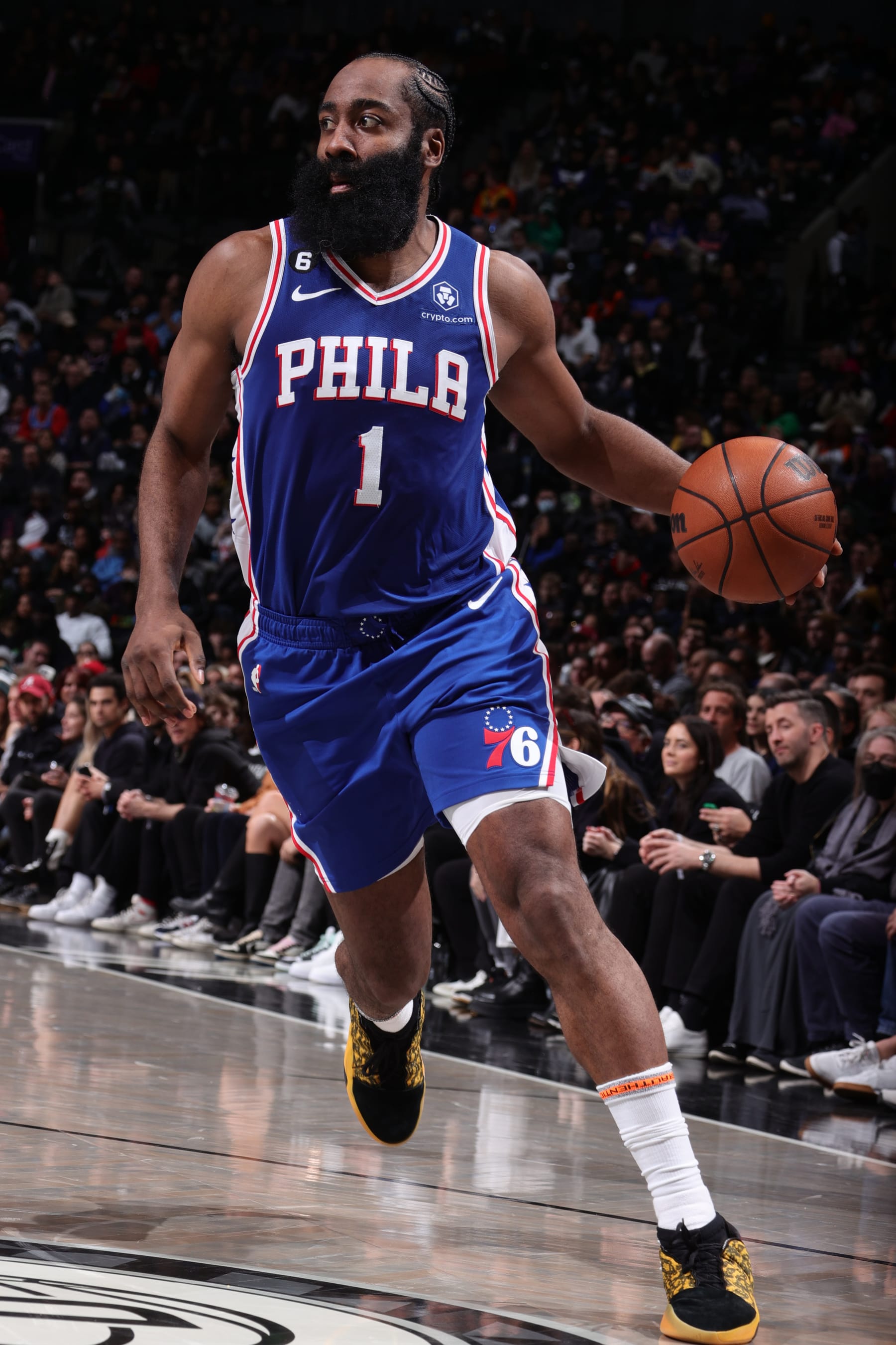 BROOKLYN, NY - FEBRUARY 11: James Harden #1 of the Philadelphia 76ers drives to the basket during the game against the Brooklyn Nets on February 11, 2023 at Barclays Center in Brooklyn, New York. NOTE TO USER: User expressly acknowledges and agrees that, by downloading and or using this Photograph, user is consenting to the terms and conditions of the Getty Images License Agreement. Mandatory Copyright Notice: Copyright 2023 NBAE (Photo by Nathaniel S. Butler/NBAE via Getty Images)
