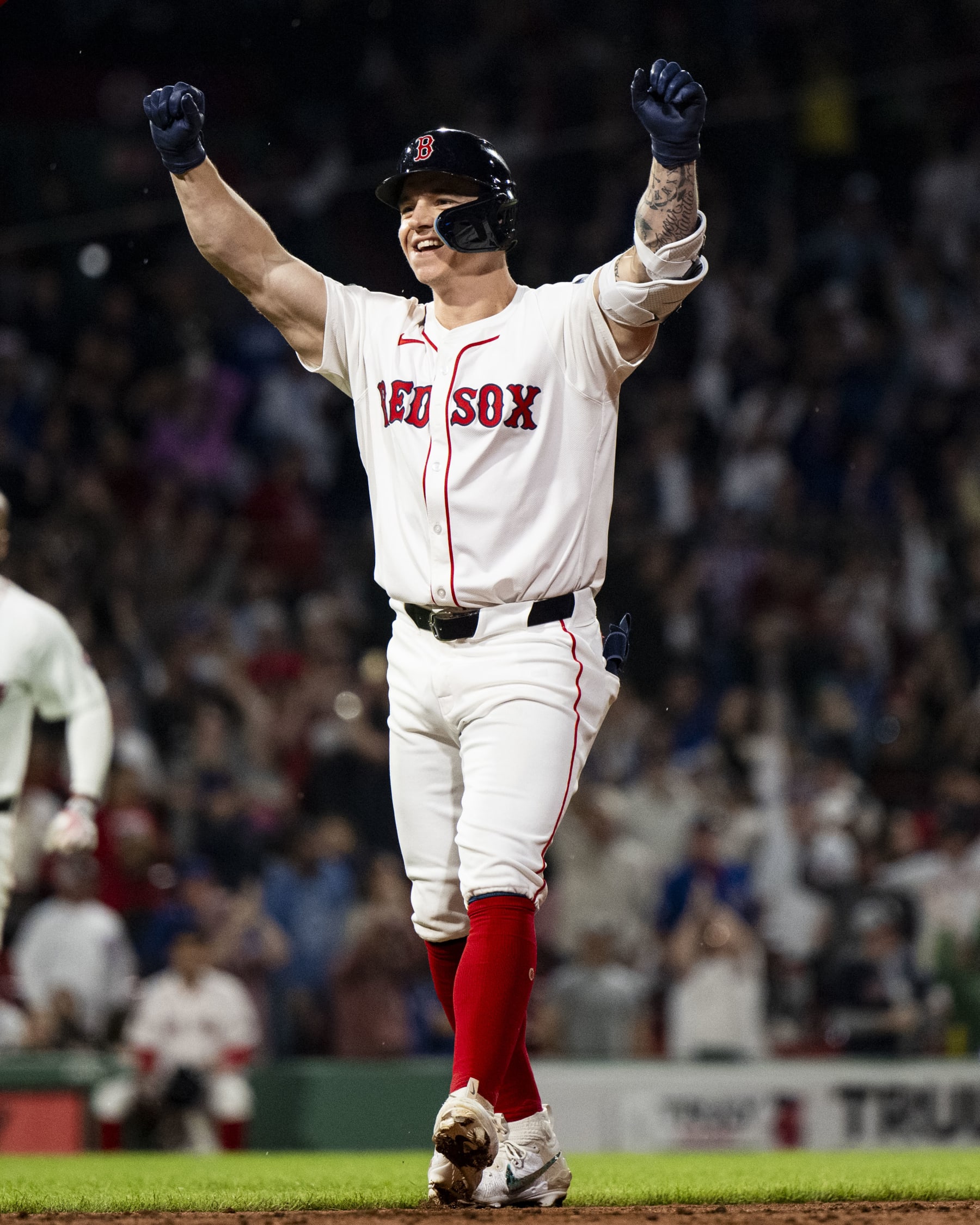 BOSTON, MA - APRIL 28: Tyler O'Neill #17 of the Boston Red Sox reacts after hitting a game-winning, walk-off single during the ninth inning against the Chicago Cubs on April 28, 2024 at Fenway Park in Boston, Massachusetts. (Photo by Billie Weiss/Boston Red Sox/Getty Images)