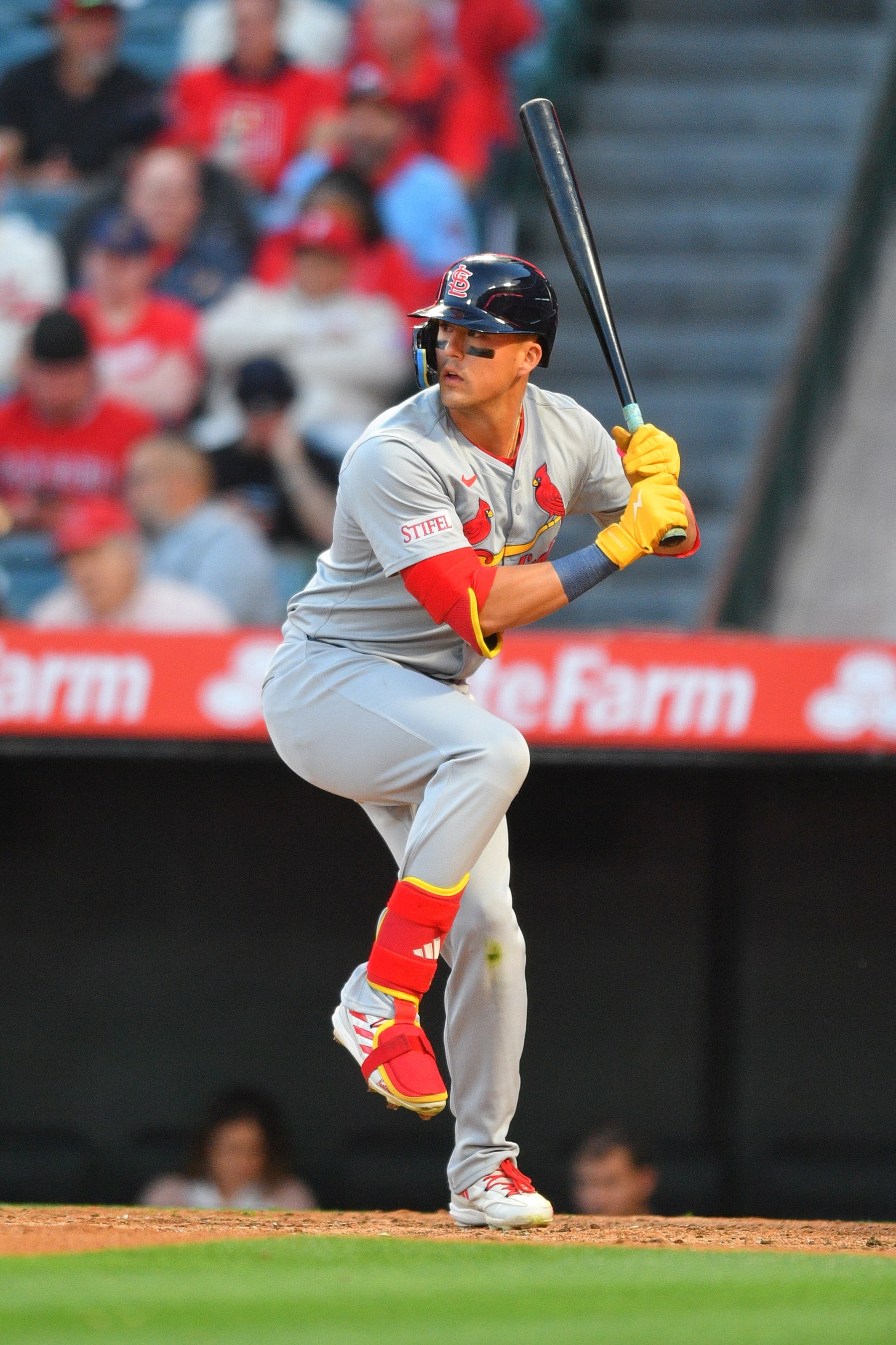 ANAHEIM, CA - MAY 13: St. Louis Cardinals right fielder Lars Nootbaar (21) at bat during the MLB game between the St. Louis Cardinals and the Los Angeles Angels of Anaheim on May 13, 2024 at Angel Stadium of Anaheim in Anaheim, CA. (Photo by Brian Rothmuller/Icon Sportswire via Getty Images)