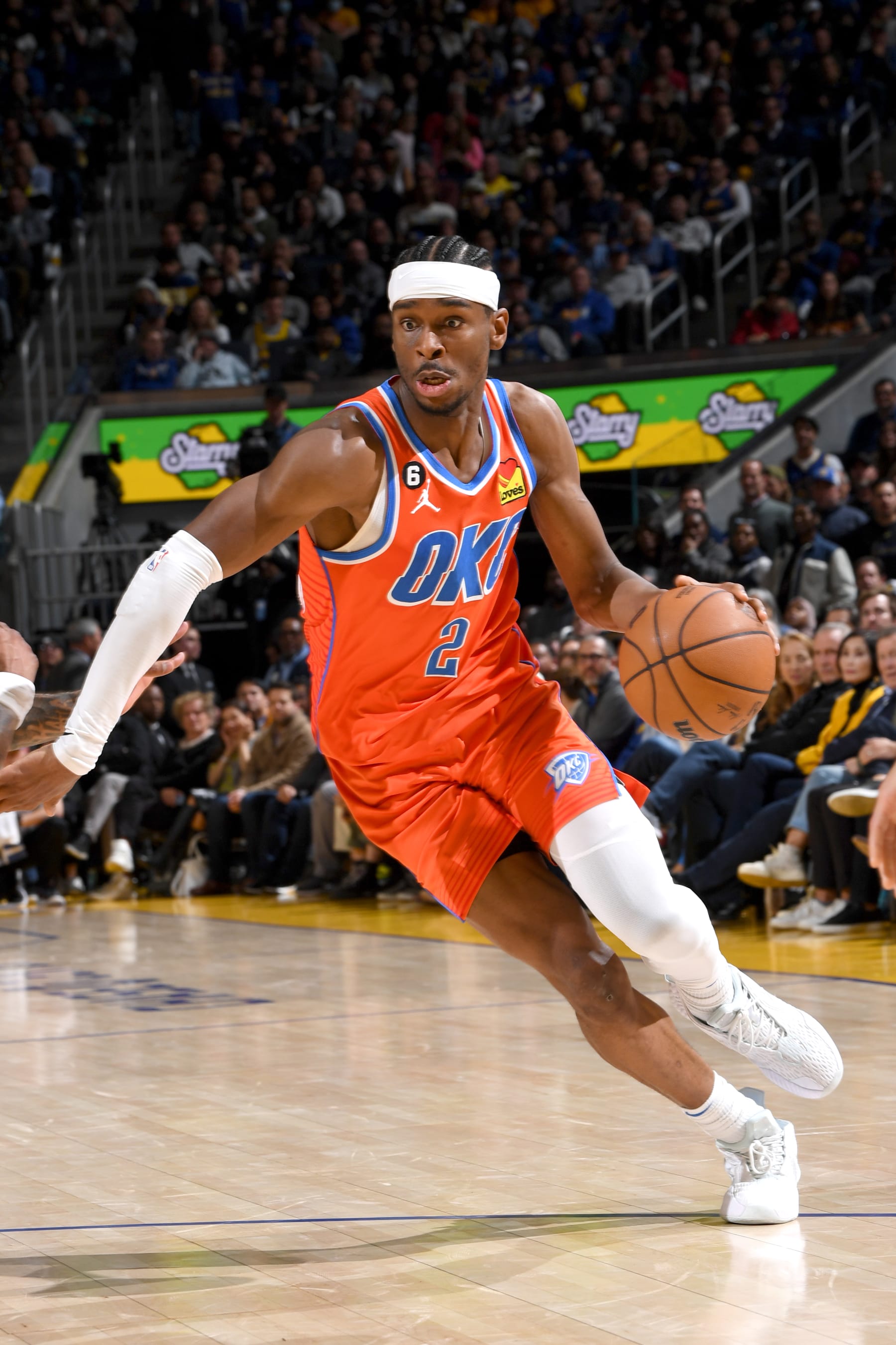 SAN FRANCISCO, CA - APRIL 4: Shai Gilgeous-Alexander #2 of the Oklahoma City Thunder moves the ball during the game against the Golden State Warriors on April 4, 2023 at Chase Center in San Francisco, California. NOTE TO USER: User expressly acknowledges and agrees that, by downloading and or using this photograph, user is consenting to the terms and conditions of Getty Images License Agreement. Mandatory Copyright Notice: Copyright 2023 NBAE (Photo by Noah Graham/NBAE via Getty Images)