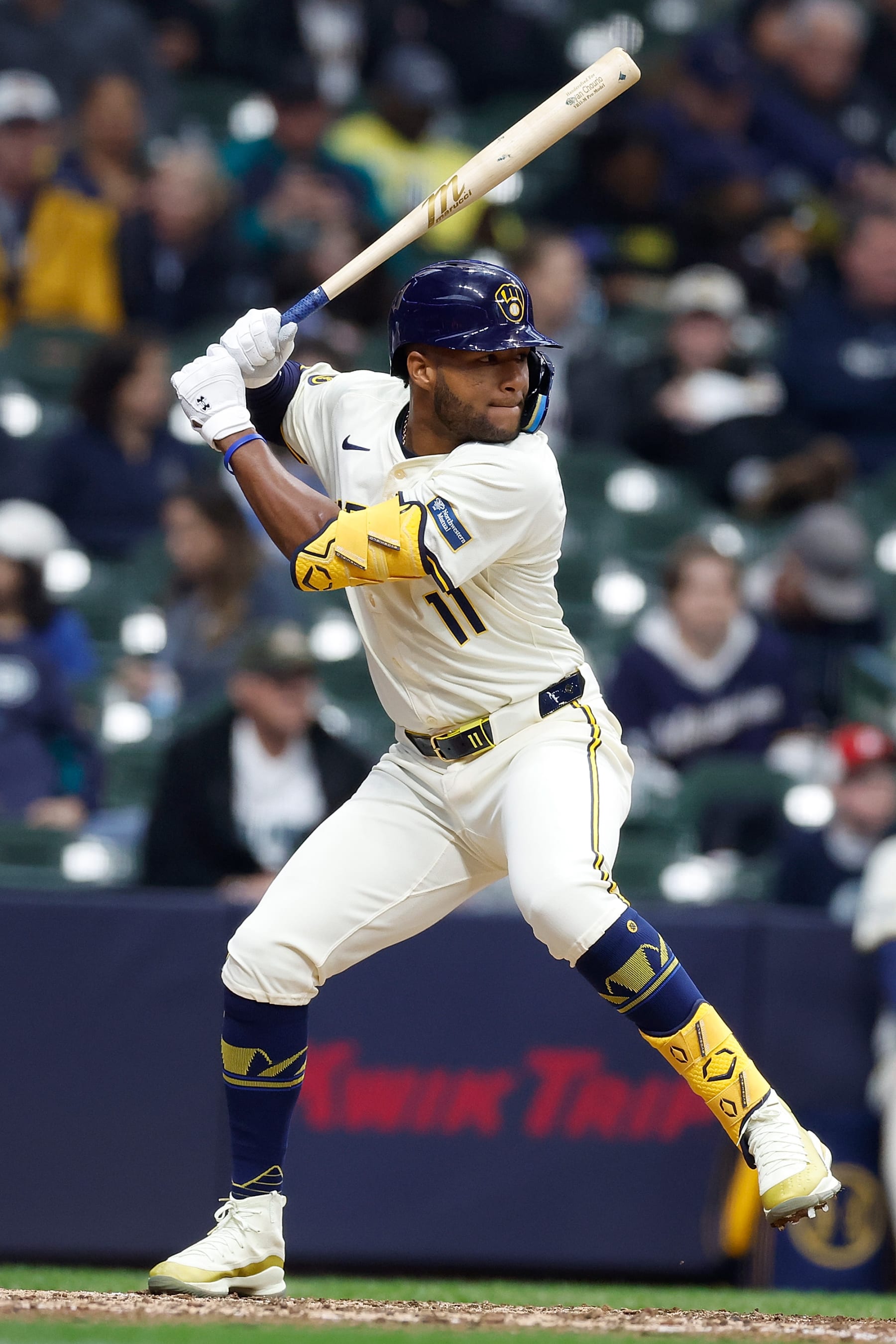 MILWAUKEE, WISCONSIN - APRIL 07: Jackson Chourio #11 of the Milwaukee Brewers up to bat during the game against the Seattle Mariners at American Family Field on April 07, 2024 in Milwaukee, Wisconsin. (Photo by John Fisher/Getty Images)