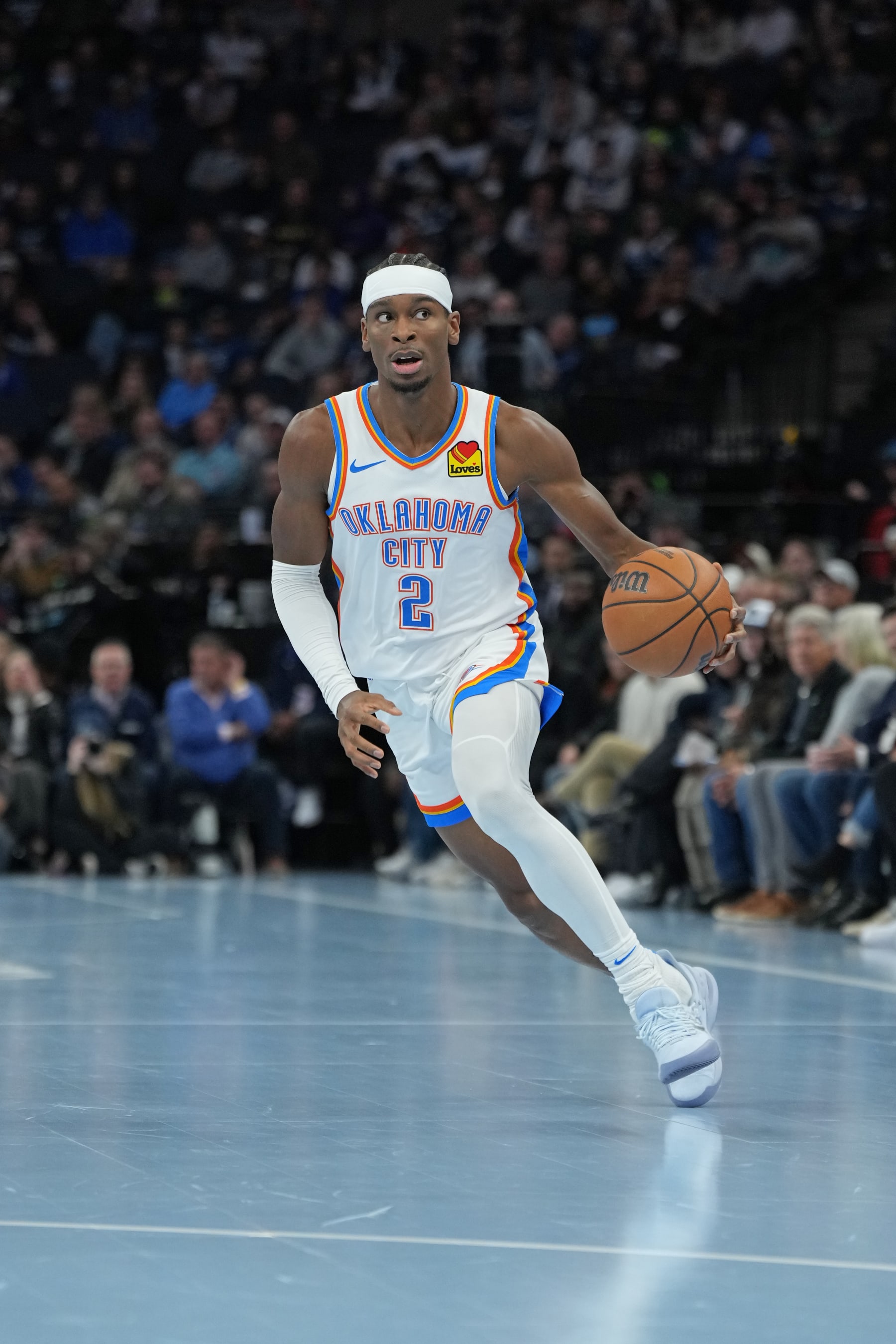 MINNEAPOLIS, MN -  NOVEMBER 28: Shai Gilgeous-Alexander #2 of the Oklahoma City Thunder dribbles the ball during the game against the Minnesota Timberwolves during the In-Season Tournament on November 28, 2023 at Target Center in Minneapolis, Minnesota. NOTE TO USER: User expressly acknowledges and agrees that, by downloading and or using this Photograph, user is consenting to the terms and conditions of the Getty Images License Agreement. Mandatory Copyright Notice: Copyright 2023 NBAE (Photo by Jordan Johnson/NBAE via Getty Images)