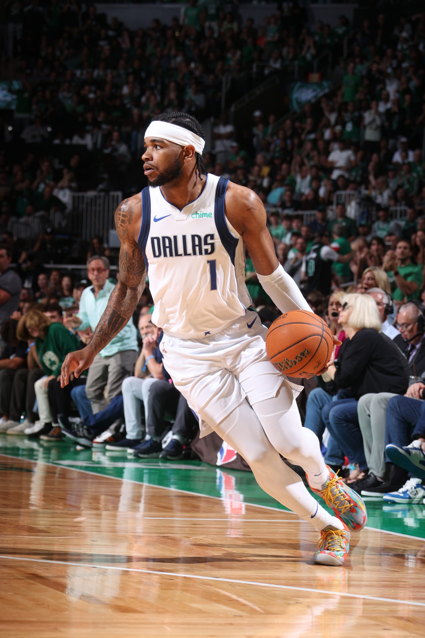 BOSTON, MA - JUNE 9: Jaden Hardy #1 of the Dallas Mavericks dribbles the ball during the game against the Boston Celtics during Game 1 of the 2024 NBA Finals on June 9, 2024 at the TD Garden in Boston, Massachusetts. NOTE TO USER: User expressly acknowledges and agrees that, by downloading and or using this photograph, User is consenting to the terms and conditions of the Getty Images License Agreement. Mandatory Copyright Notice: Copyright 2024 NBAE  (Photo by Nathaniel S. Butler/NBAE via Getty Images)