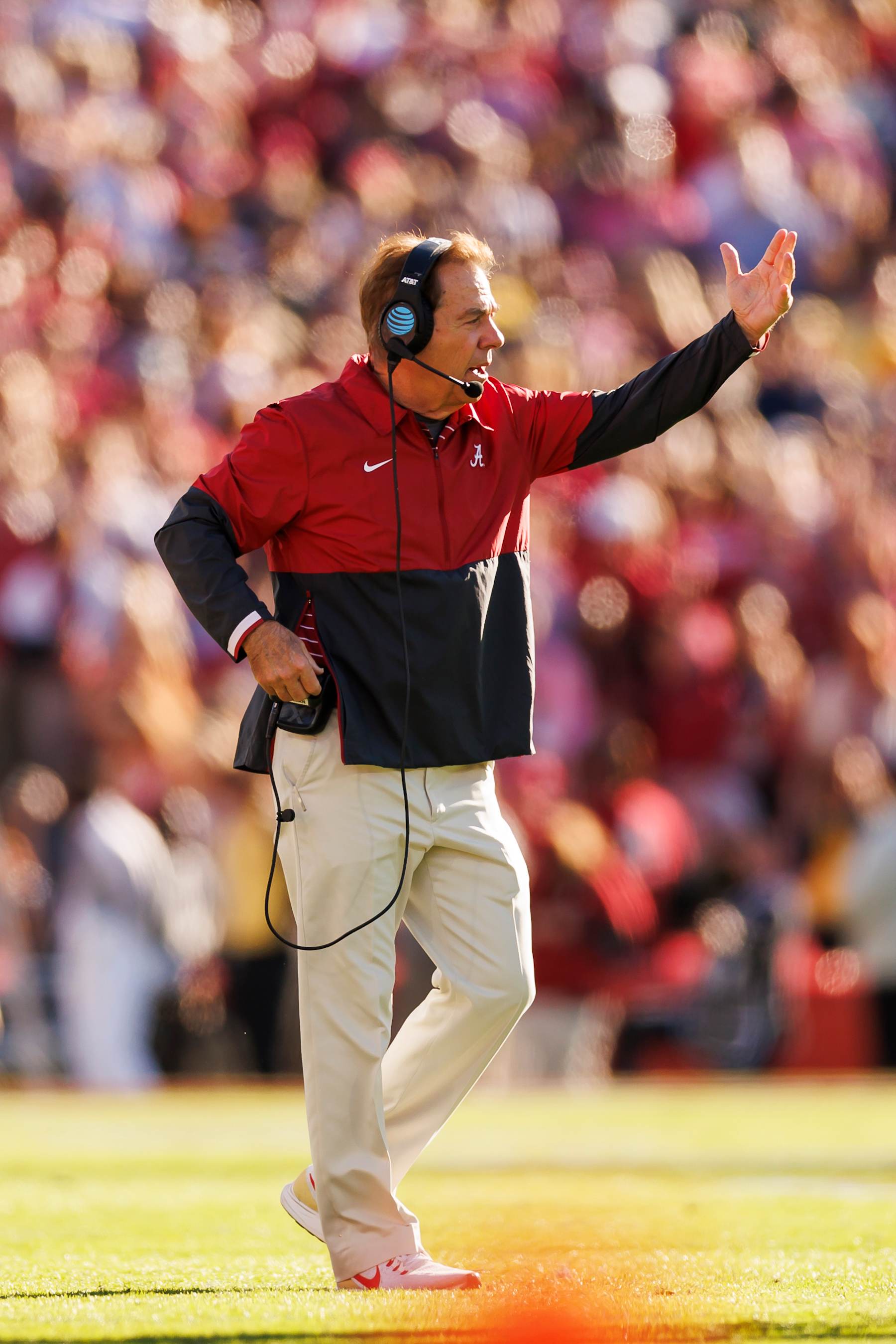 PASADENA, CALIFORNIA - JANUARY 01: Head coach Nick Saban of the Alabama Crimson Tide gestures during the CFP Semifinal Rose Bowl Game against the Michigan Wolverines at Rose Bowl Stadium on January 1, 2024 in Pasadena, California. (Photo by Ryan Kang/Getty Images)
