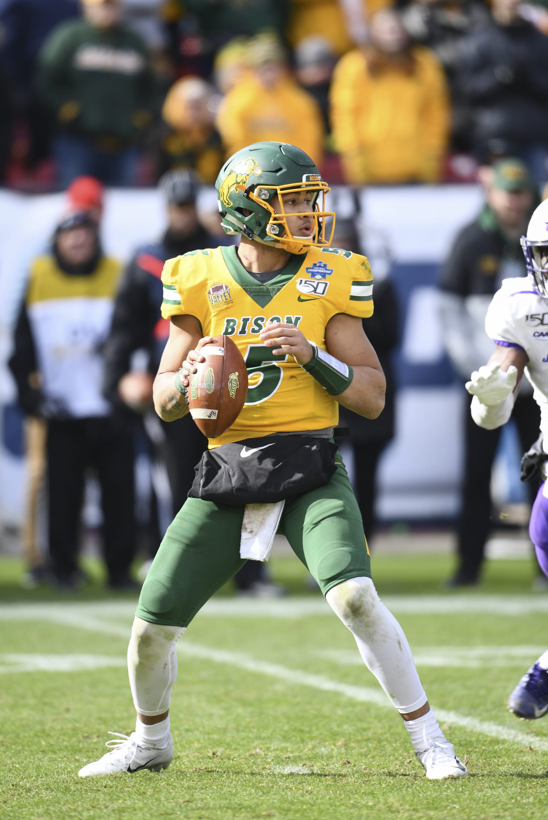 FRISCO, TX - JANUARY 11: Trey Lance #5 of the North Dakota State Bison looks to pass the ball against the James Madison Dukes during the Division I FCS Football Championship held at Toyota Stadium on January 11, 2020 in Frisco, Texas. North Dakota State defeated James Madison 28-20 to win the national title. (Photo by Justin Tafoya/NCAA Photos via Getty Images)