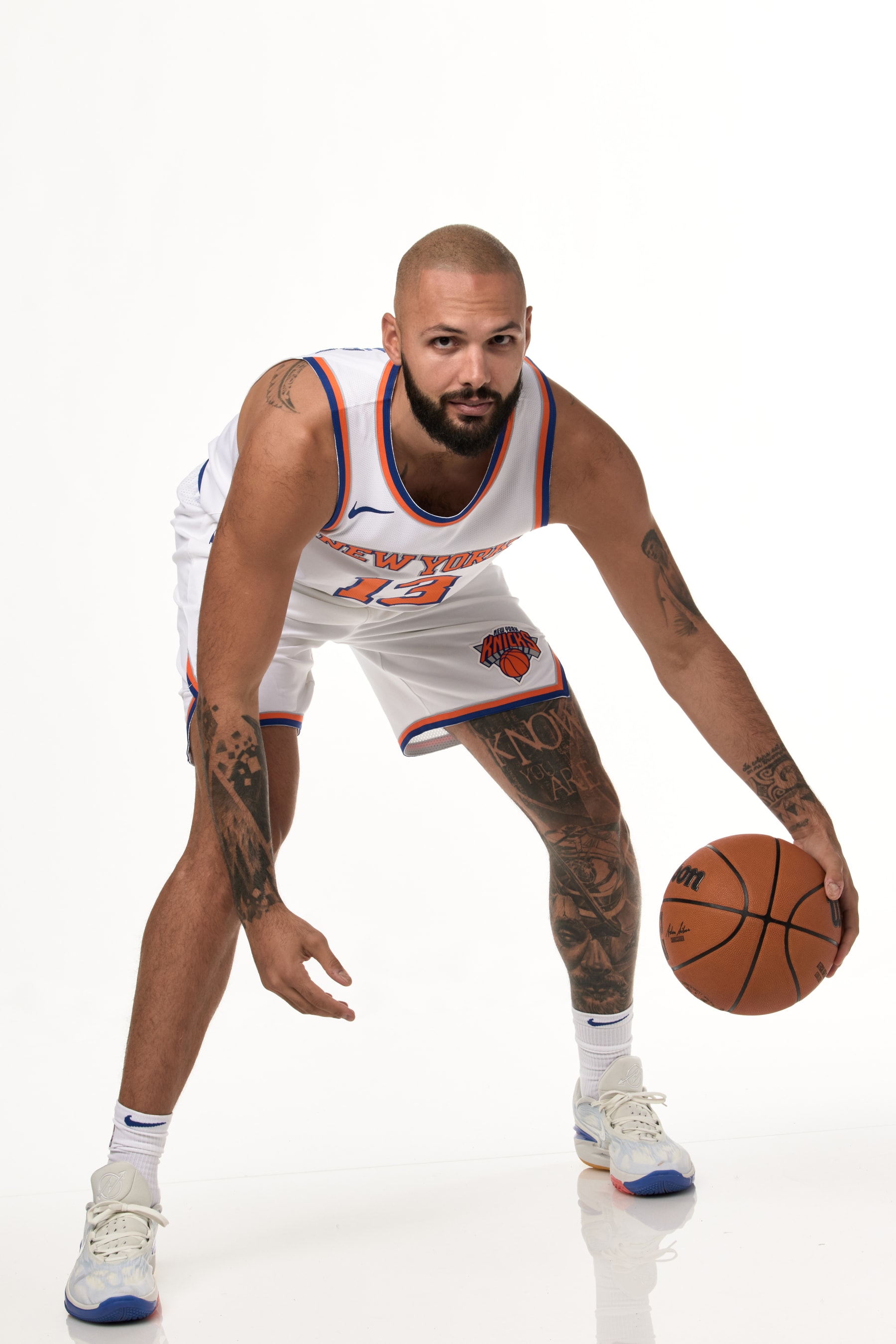 TARRYTOWN, NEW YORK - OCTOBER 02: Evan Fournier #13 of the New York Knicks poses for a portrait during 2023-24 NBA Media Day on October 2, 2023 in Tarrytown, New York. NOTE TO USER: User expressly acknowledges and agrees that, by downloading and/or using this photograph, user is consenting to the terms and conditions of the Getty Images License Agreement.  Mandatory Copyright Notice: Copyright 2023 NBAE (Photo by Steven Freeman/NBAE via Getty Images)