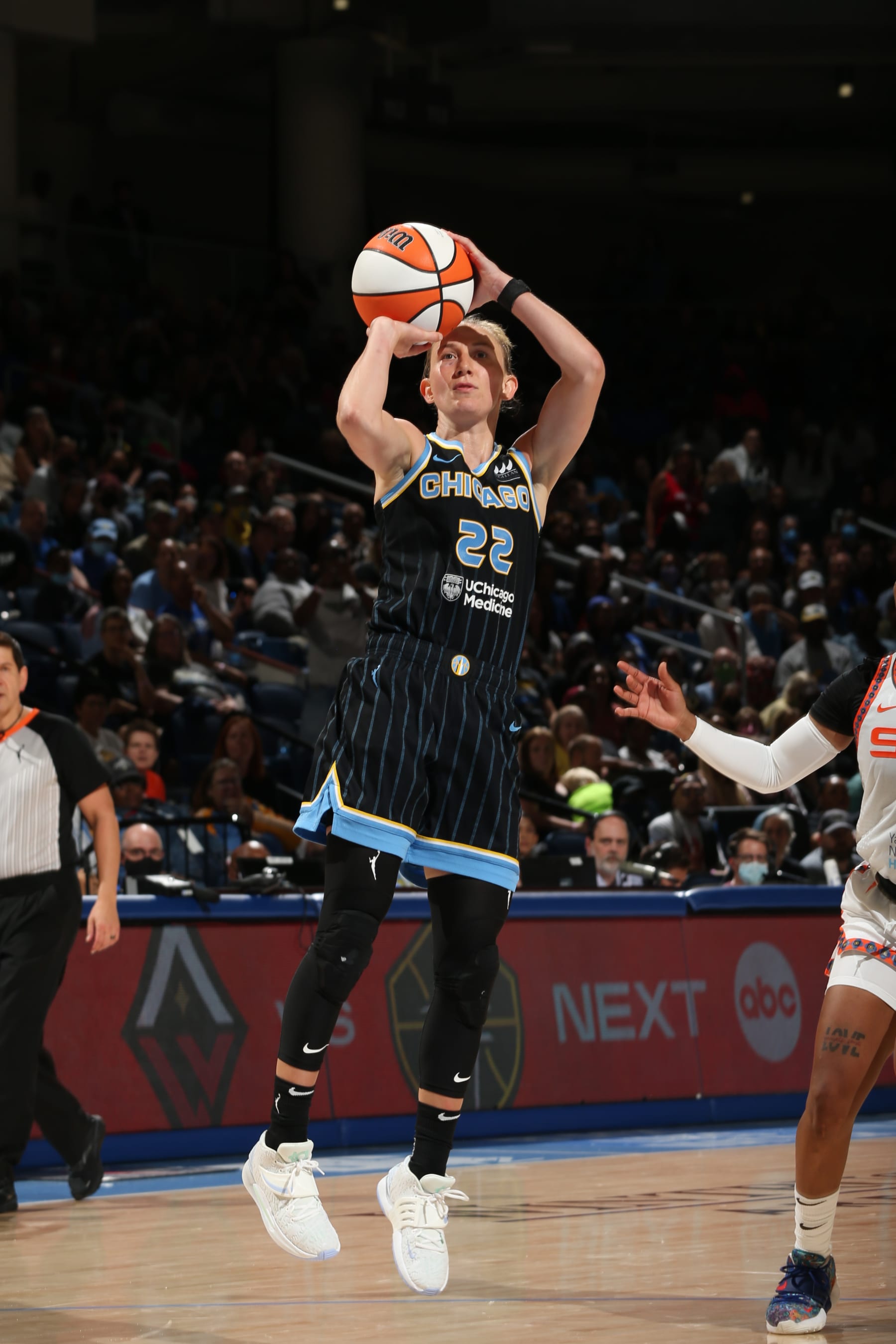 CHICAGO, IL - AUGUST 7: Courtney Vandersloot #22 of the Chicago Sky shoots the ball during the game against the Connecticut Sun on August 7, 2022 at the Wintrust Arena in Chicago, Illinois. NOTE TO USER: User expressly acknowledges and agrees that, by downloading and or using this photograph, user is consenting to the terms and conditions of the Getty Images License Agreement.  Mandatory Copyright Notice: Copyright 2022 NBAE (Photo by Gary Dineen/NBAE via Getty Images)