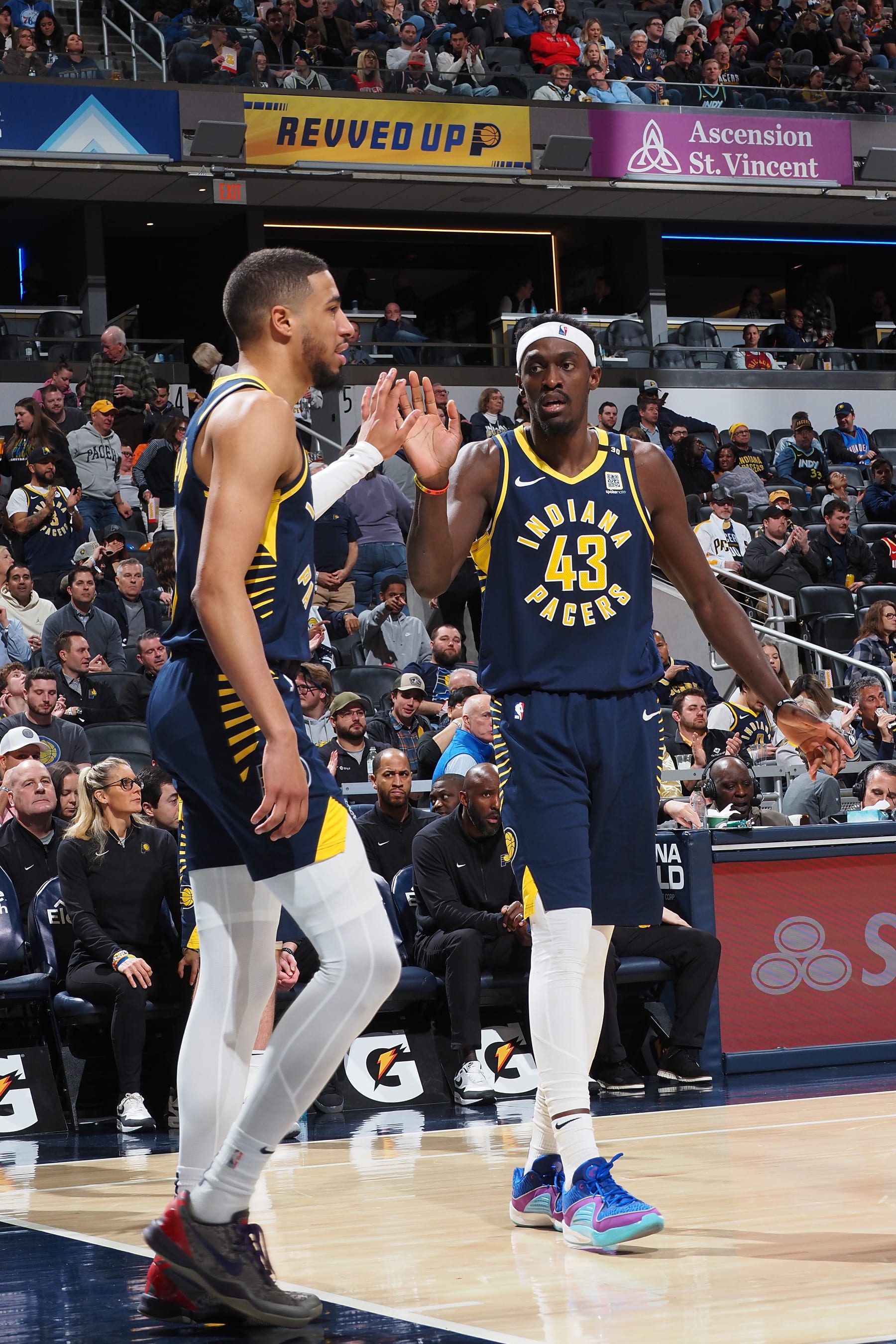 INDIANAPOLIS, IN - FEBRUARY 6:  Tyrese Haliburton #0 high five during the game Pascal Siakam #43 of the Indiana Pacers during the game against the Houston Rockets on February 6, 2024 at Gainbridge Fieldhouse in Indianapolis, Indiana. NOTE TO USER: User expressly acknowledges and agrees that, by downloading and or using this Photograph, user is consenting to the terms and conditions of the Getty Images License Agreement. Mandatory Copyright Notice: Copyright 2024 NBAE (Photo by Ron Hoskins/NBAE via Getty Images)