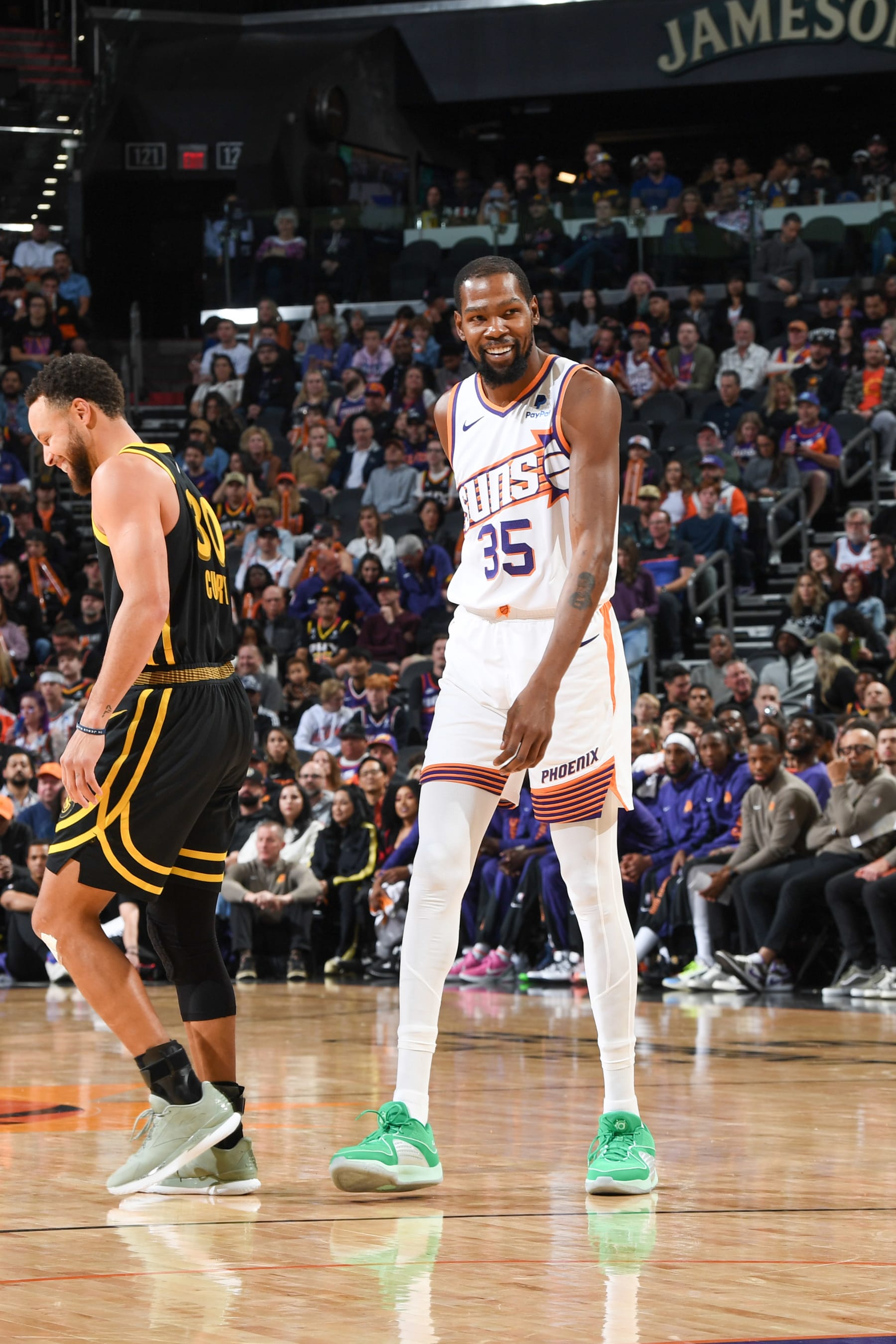SAN FRANCISCO, CA - NOVEMBER 22:  Kevin Durant #35 of the Phoenix Suns looks on during the game  on November 22, 2023 at Chase Center in San Francisco, California. NOTE TO USER: User expressly acknowledges and agrees that, by downloading and or using this photograph, user is consenting to the terms and conditions of Getty Images License Agreement. Mandatory Copyright Notice: Copyright 2023 NBAE (Photo by Noah Graham/NBAE via Getty Images)