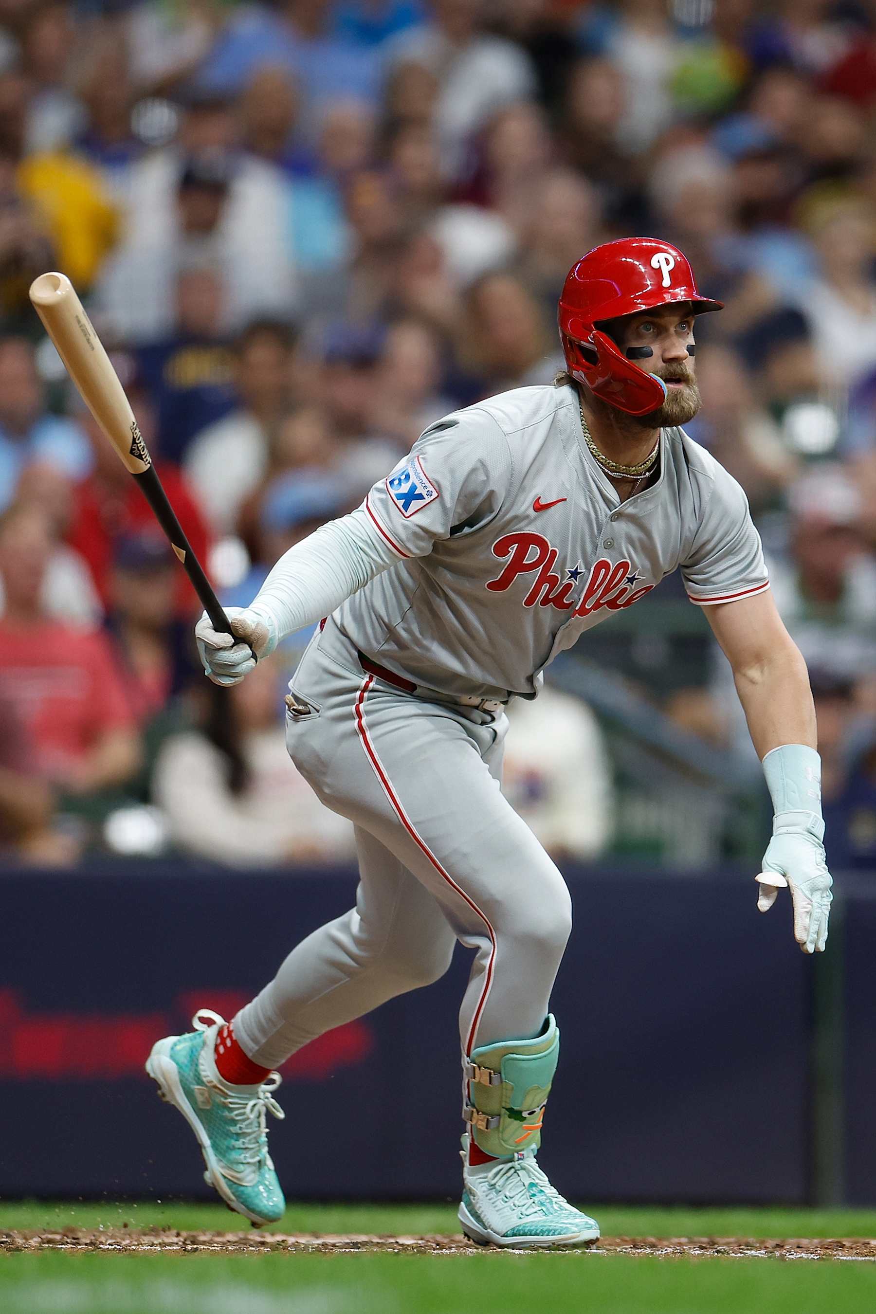 MILWAUKEE, WISCONSIN - SEPTEMBER 18: Bryce Harper #3 of the Philadelphia Phillies up to bat during the game against the Milwaukee Brewers at American Family Field on September 18, 2024 in Milwaukee, Wisconsin. (Photo by John Fisher/Getty Images)