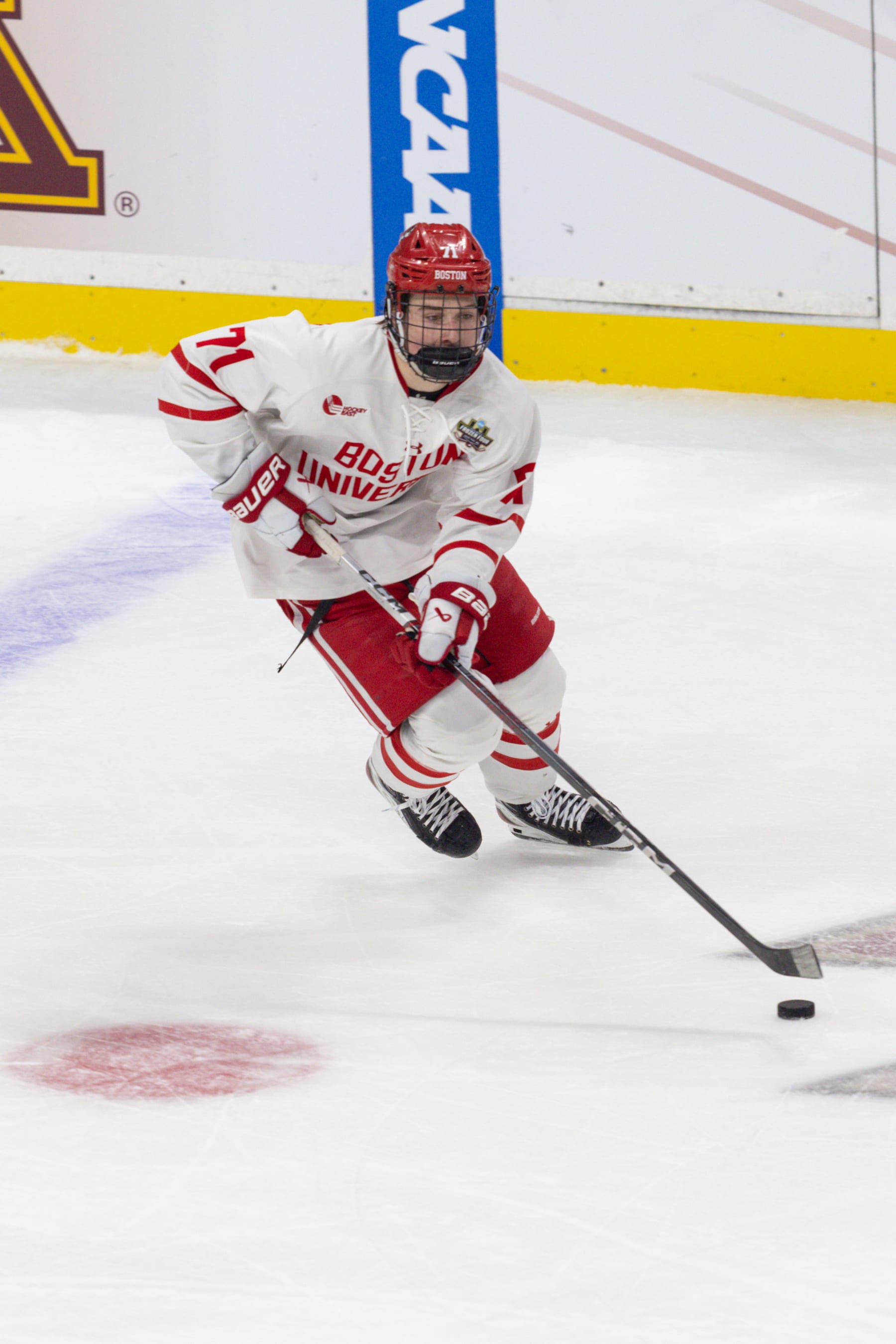 ST. PAUL, MN - APRIL 11: Boston University Terriers forward Macklin Celebrini (71) skates with the puck during the first period of the men's Frozen Four semifinal game between the Boston University Terriers and the Denver Pioneers on April 11th, 2024, in St. Paul, Minnesota. (Photo by Bailey Hillesheim/Icon Sportswire via Getty Images)
