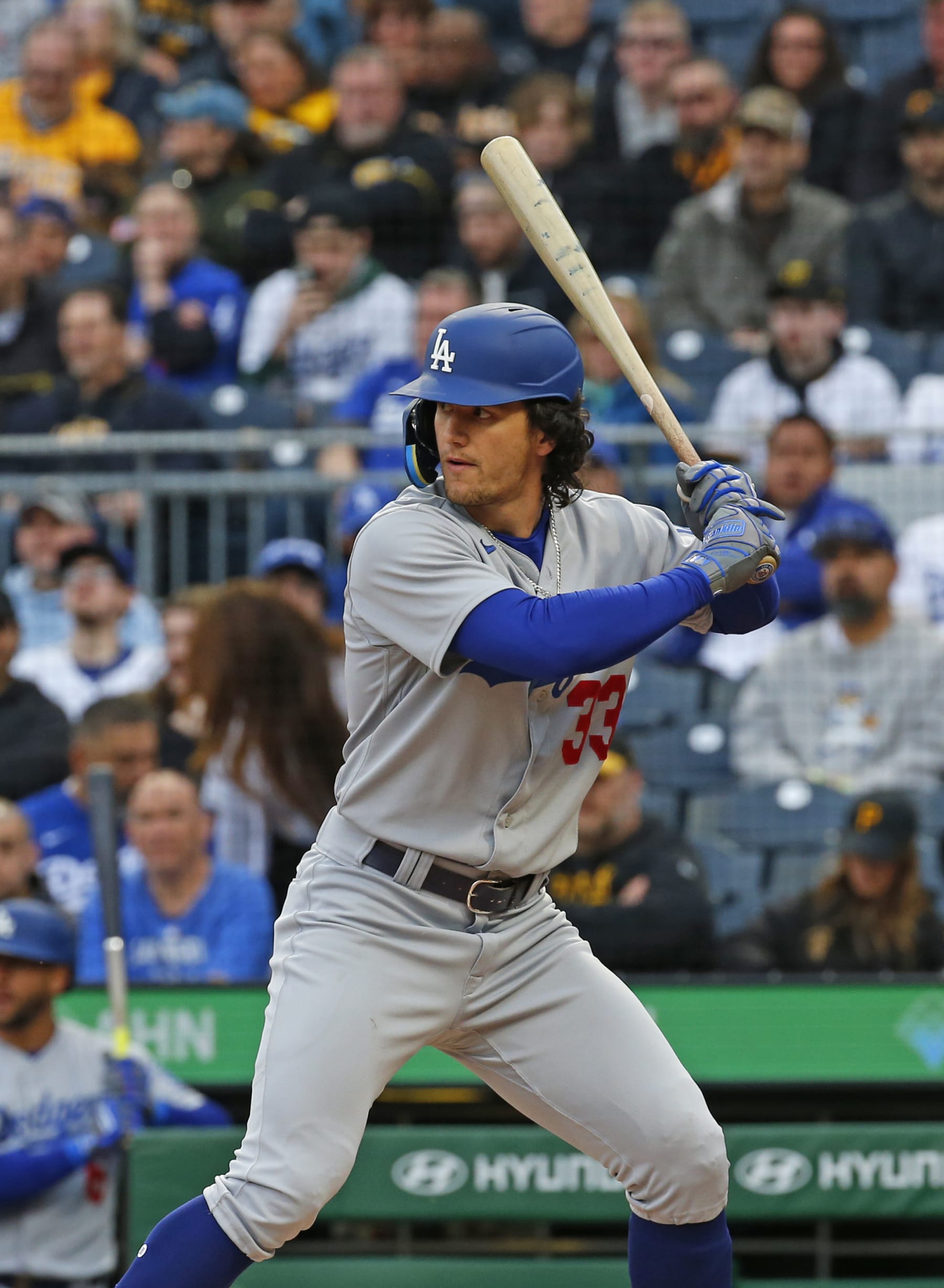 PITTSBURGH, PA - APRIL 25:  James Outman #33 of the Los Angeles Dodgers in action against the Pittsburgh Pirates at PNC Park on April 25, 2023 in Pittsburgh, Pennsylvania.  (Photo by Justin K. Aller/Getty Images)