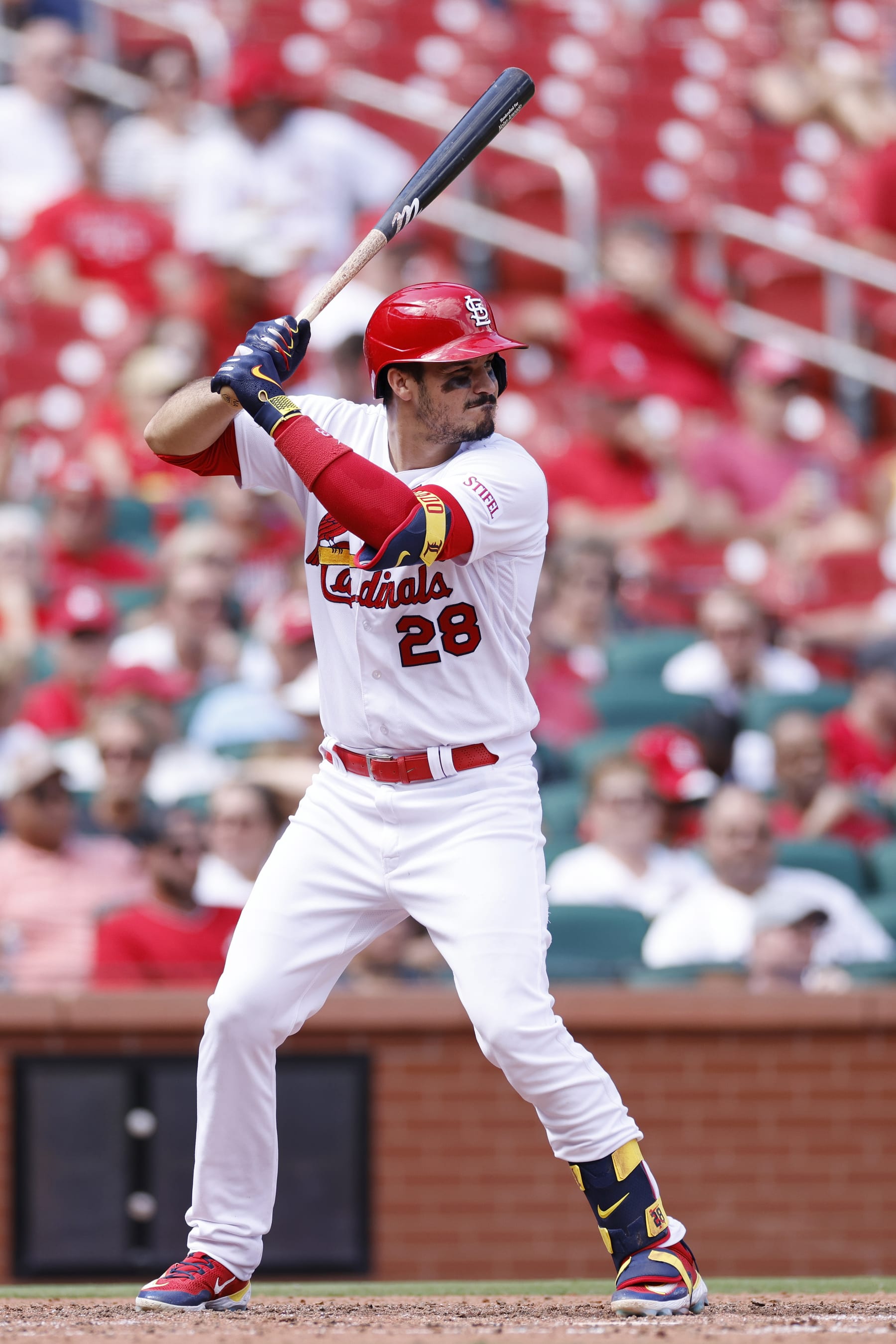 ST. LOUIS, MO - AUGUST 30: St. Louis Cardinals third baseman Nolan Arenado (28) bats during an MLB game against the San Diego Padres on August 30, 2023 at Busch Stadium in St. Louis, Missouri. (Photo by Joe Robbins/Icon Sportswire via Getty Images)