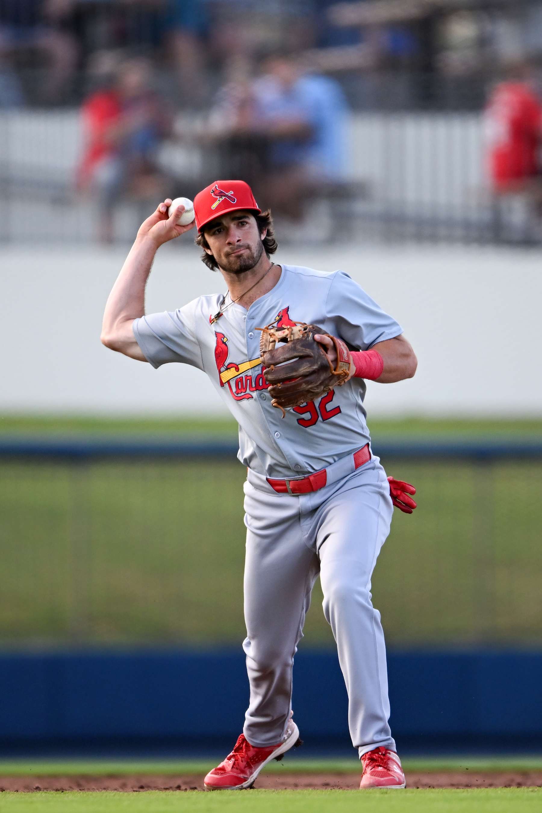 WEST PALM BEACH, FLORIDA - MARCH 20, 2024: Thomas Saggese #92 of the St. Louis Cardinals warms up during the third inning of a spring training game against the Washington Nationals at CACTI Park of the Palm Beaches on March 20, 2024 in West Palm Beach, Florida. (Photo by Nick Cammett/Diamond Images via Getty Images)