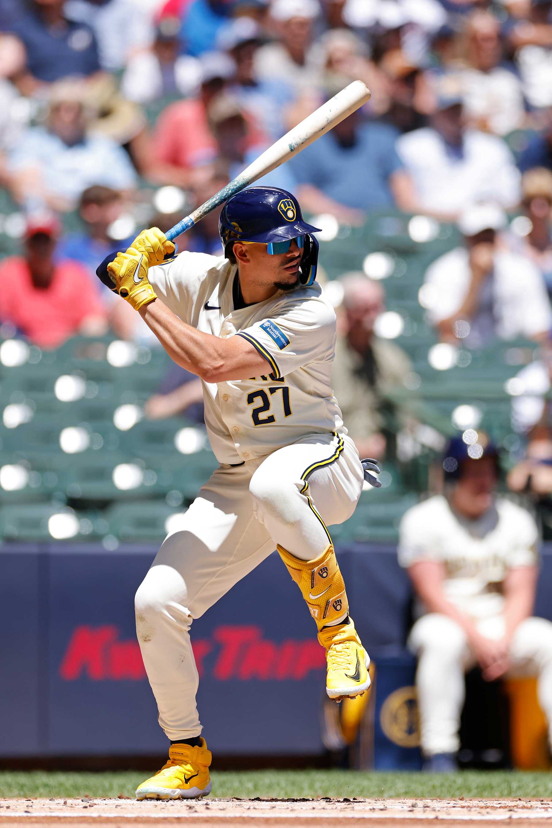 MILWAUKEE, WI - JUNE 26: Milwaukee Brewers shortstop Willy Adames (27) bats during an MLB game against the Texas Rangers on June 26, 2024 at American Family Field in Milwaukee, Wisconsin. (Photo by Joe Robbins/Icon Sportswire via Getty Images)