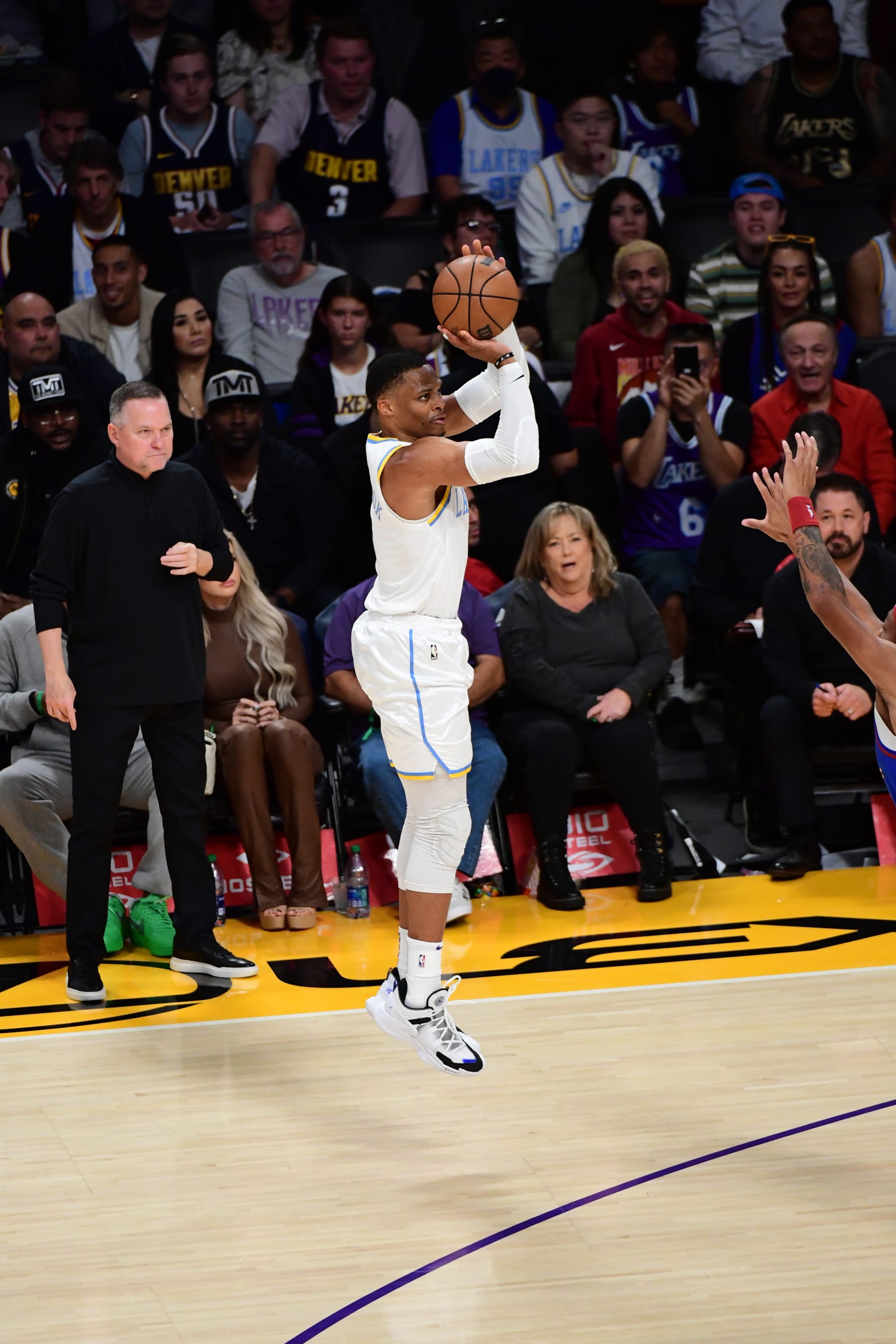 LOS ANGELES, CA - OCTOBER 30: Russell Westbrook #0 of the Los Angeles Lakers shoots the ball during the game against the Denver Nuggets on October 30, 2022 at Crypto.Com Arena in Los Angeles, California. NOTE TO USER: User expressly acknowledges and agrees that, by downloading and/or using this Photograph, user is consenting to the terms and conditions of the Getty Images License Agreement. Mandatory Copyright Notice: Copyright 2022 NBAE (Photo by Adam Pantozzi/NBAE via Getty Images)