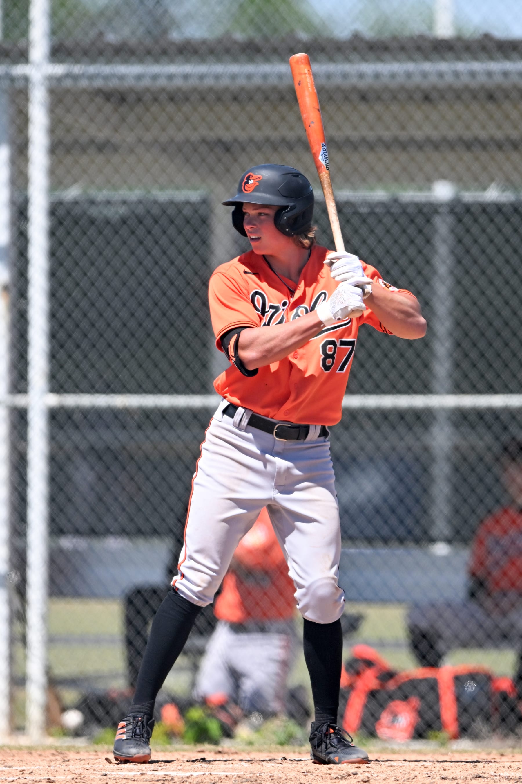 SARASOTA, FLORIDA - MARCH 21, 2023: Jackson Holliday #87 of the Baltimore Orioles bats during a minor league spring training game against the Atlanta Braves at the Buck ONeil Baseball Complex on March 21, 2023 in Sarasota, Florida. (Photo by Nick Cammett/Diamond Images via Getty Images)