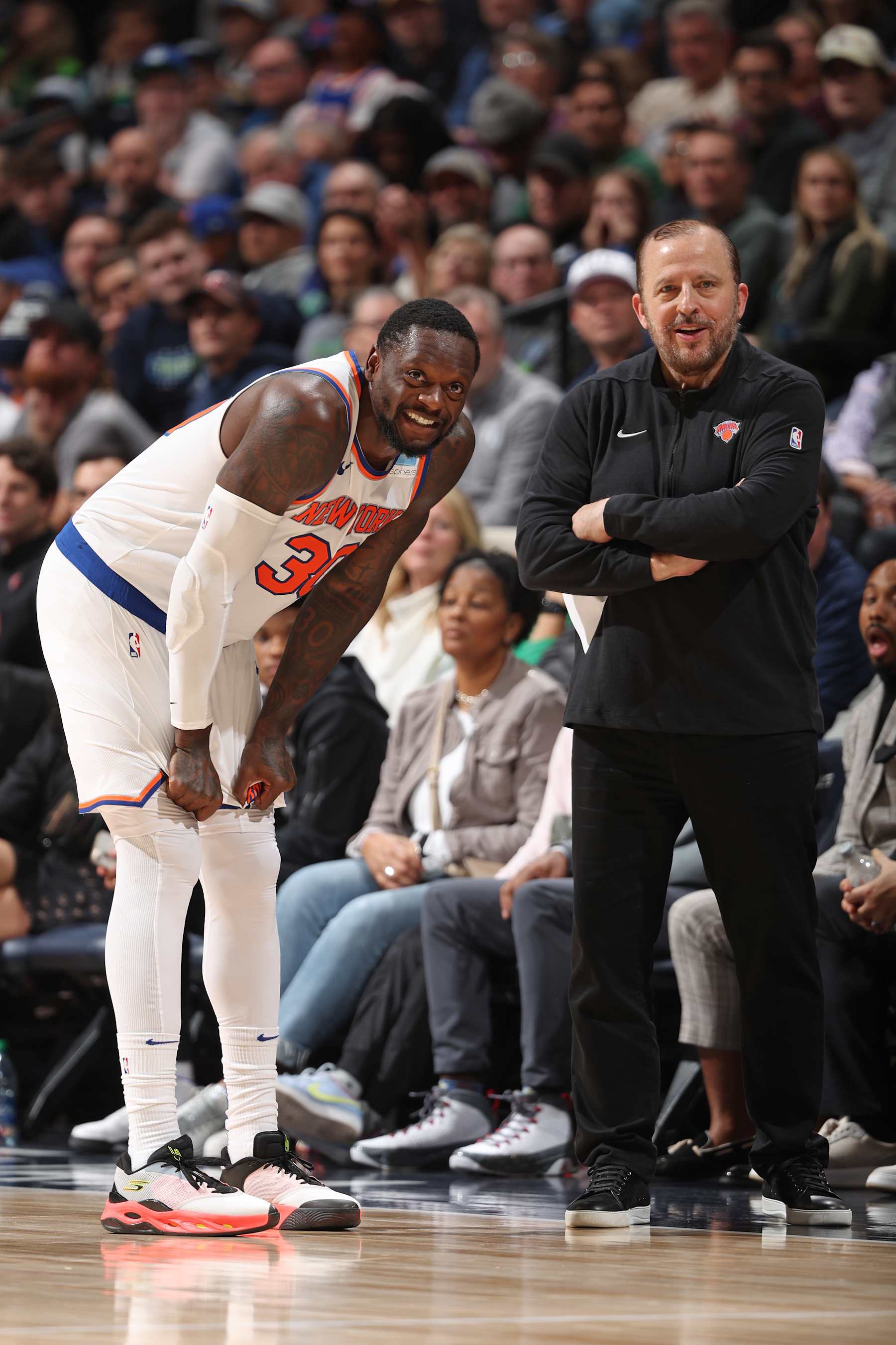 MINNEAPOLIS, MN -  NOVEMBER 20: Julius Randle #30 of the New York Knicks & Head Coach Tom Thibodeau of the New York Knicks looks on during the game on November 20, 2023 at Target Center in Minneapolis, Minnesota. NOTE TO USER: User expressly acknowledges and agrees that, by downloading and or using this Photograph, user is consenting to the terms and conditions of the Getty Images License Agreement. Mandatory Copyright Notice: Copyright 2023 NBAE (Photo by David Sherman/NBAE via Getty Images)