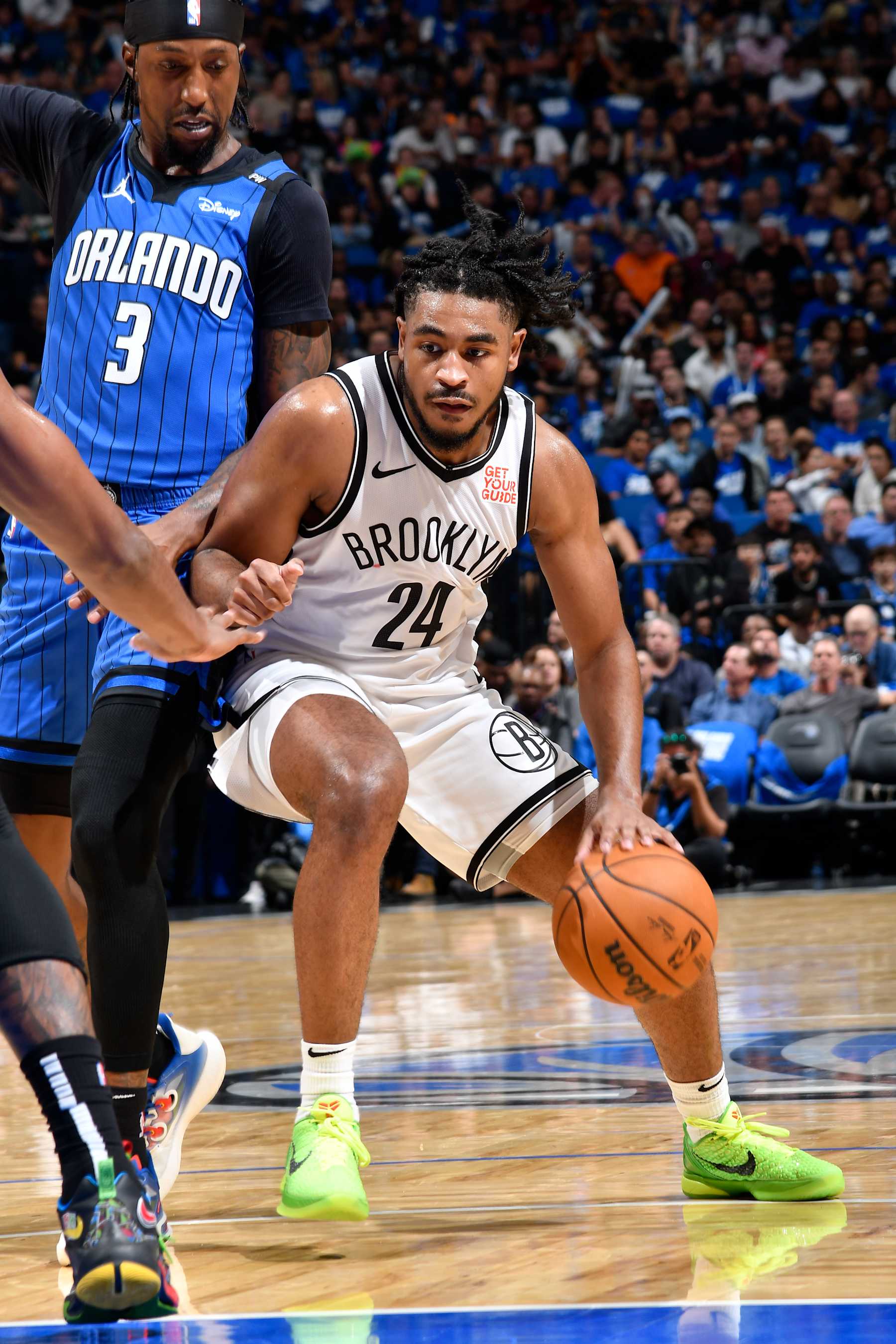 ORLANDO, FL - OCTOBER 25: Cam Thomas #24 of the Brooklyn Nets dribbles the ball during the game against the Orlando Magic  on October 25, 2024 at Kia Center in Orlando, Florida. NOTE TO USER: User expressly acknowledges and agrees that, by downloading and or using this photograph, User is consenting to the terms and conditions of the Getty Images License Agreement. Mandatory Copyright Notice: Copyright 2024 NBAE (Photo by Fernando Medina/NBAE via Getty Images)