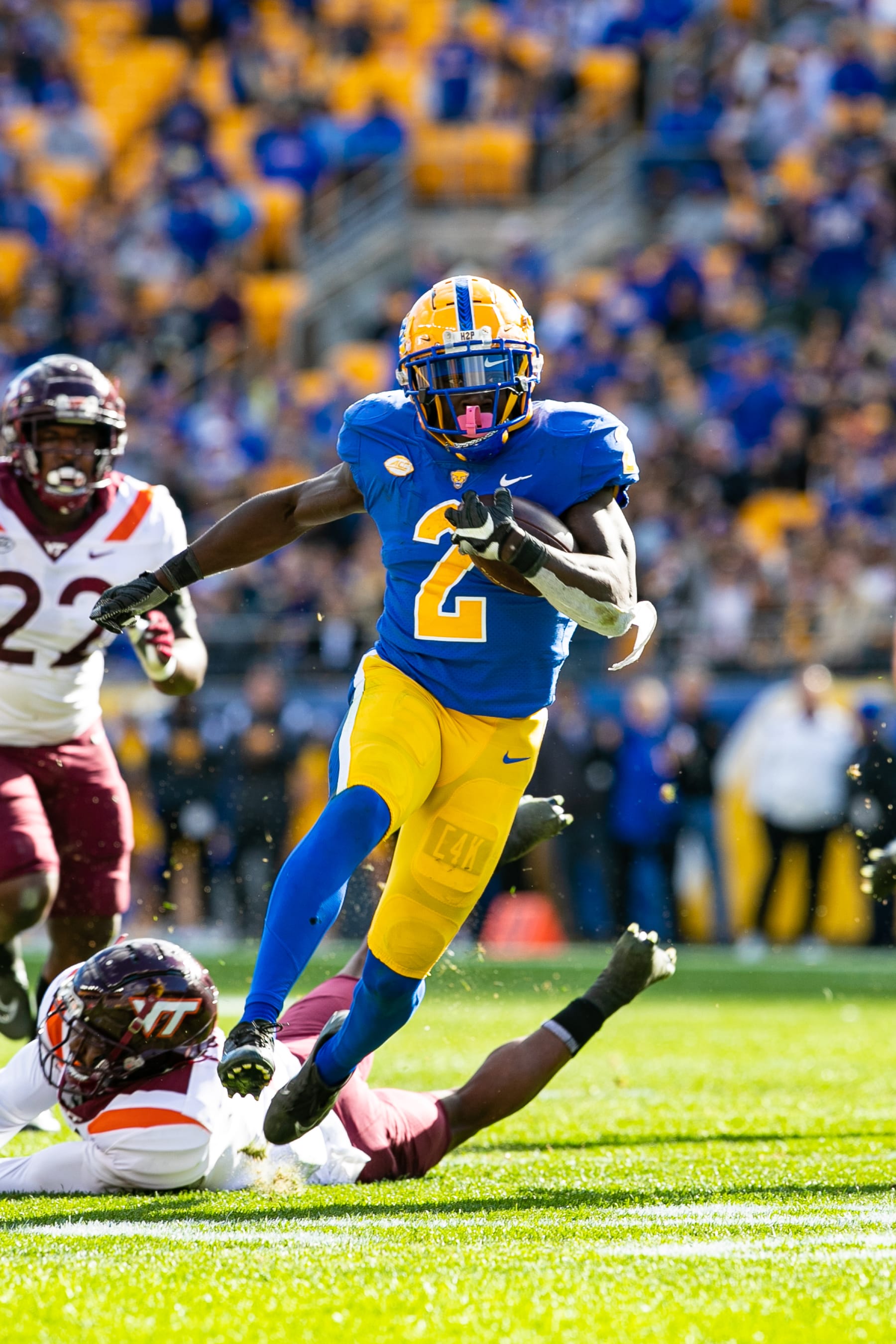 PITTSBURGH, PA - OCTOBER 08: Pittsburgh Panthers running back Israel Abanikanda (2) avoids a defender during the college football game between the Virginia Tech Hokies and the Pittsburgh Panthers on October 08, 2022 at Acrisure Stadium in Pittsburgh, PA. (Photo by Mark Alberti/Icon Sportswire via Getty Images)