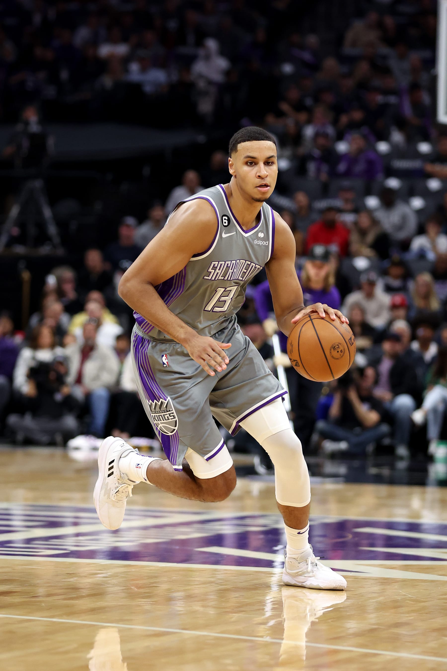 SACRAMENTO, CALIFORNIA - NOVEMBER 15: Keegan Murray #13 of the Sacramento Kings dribbles the ball during their game against the Brooklyn Nets at Golden 1 Center on November 15, 2022 in Sacramento, California. NOTE TO USER: User expressly acknowledges and agrees that, by downloading and or using this photograph, User is consenting to the terms and conditions of the Getty Images License Agreement. (Photo by Ezra Shaw/Getty Images) SACRAMENTO, CALIFORNIA - NOVEMBER 15: Keegan Murray #13 of the Sacramento Kings dribbles the ball during their game against the Brooklyn Nets at Golden 1 Center on November 15, 2022 in Sacramento, California. NOTE TO USER: User expressly acknowledges and agrees that, by downloading and or using this photograph, User is consenting to the terms and conditions of the Getty Images License Agreement. (Photo by Ezra Shaw/Getty Images)