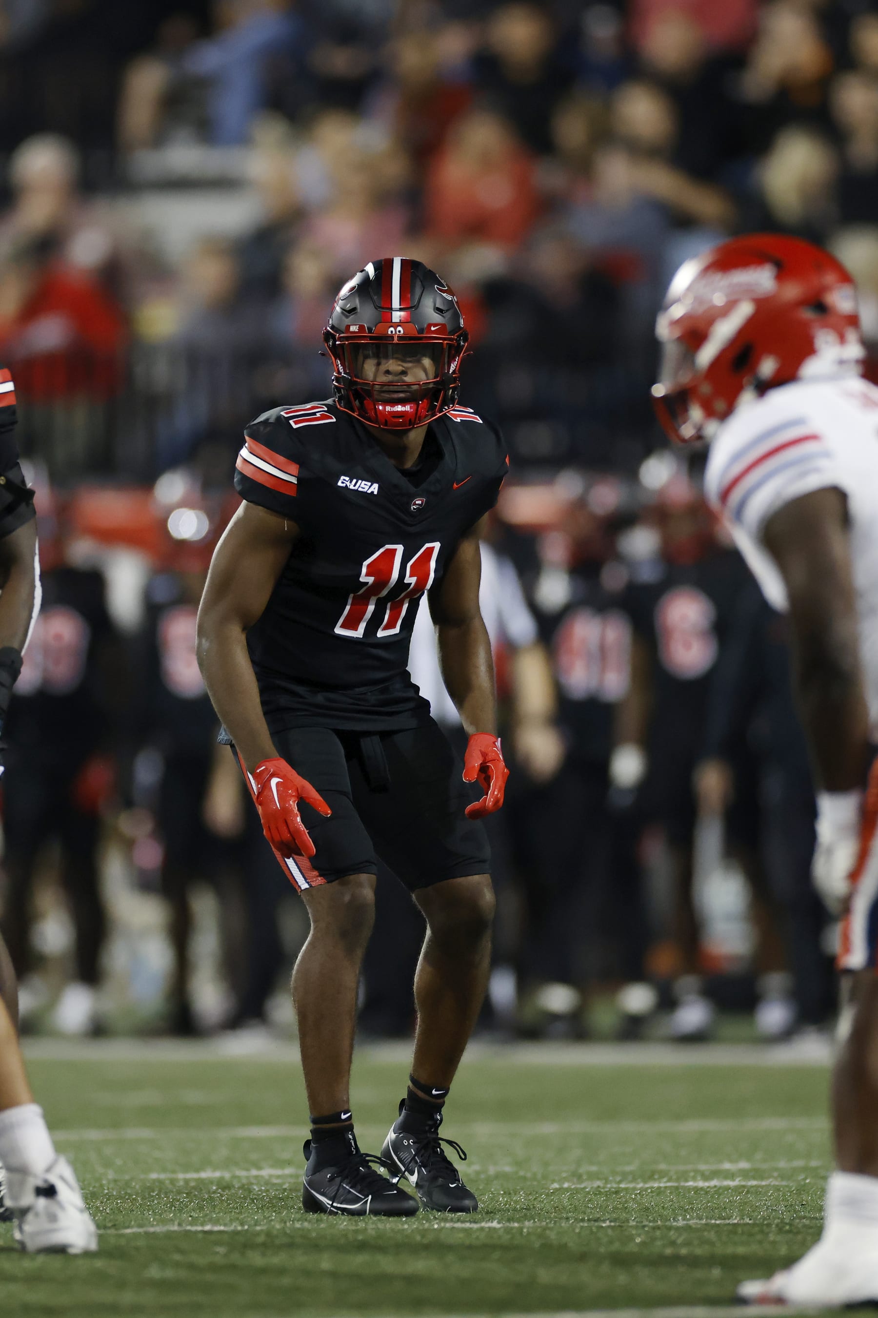 BOWLING GREEN, KY - OCTOBER 24: Western Kentucky Hilltoppers defensive back Talique Allen (11) lines up on defense during a college football game against the Liberty Flames on October 24, 2023 at Houchens Industries - L. T. Smith Stadium in Bowling Green, Kentucky. (Photo by Joe Robbins/Icon Sportswire via Getty Images)