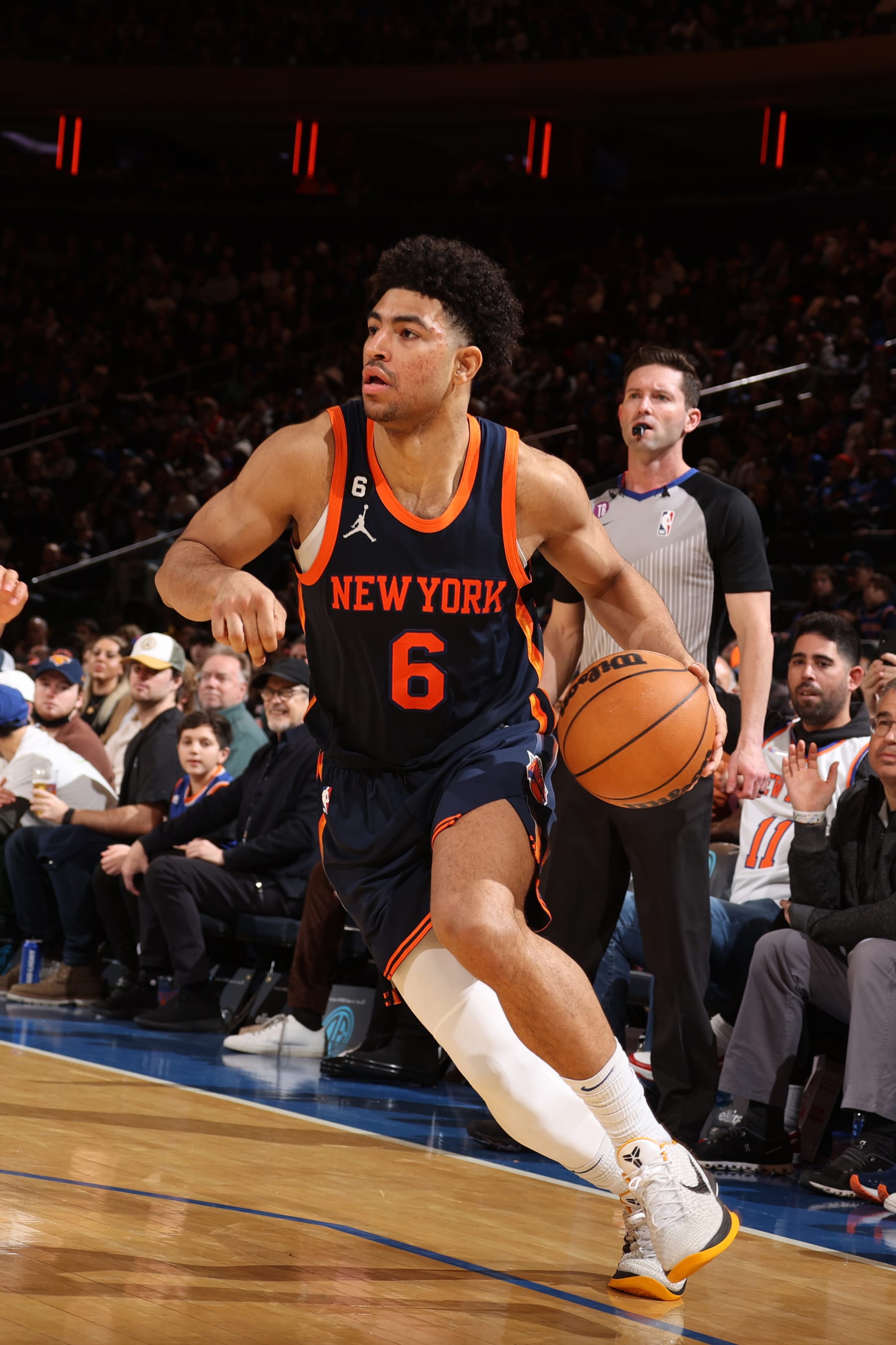 NEW YORK, NY - JANUARY 2: Quentin Grimes #6 of the New York Knicks drives to the basket during the game against the Phoenix Suns on January 2, 2023 at Madison Square Garden in New York City, New York.  NOTE TO USER: User expressly acknowledges and agrees that, by downloading and or using this photograph, User is consenting to the terms and conditions of the Getty Images License Agreement. Mandatory Copyright Notice: Copyright 2022 NBAE  (Photo by Stephen Gosling/NBAE via Getty Images)