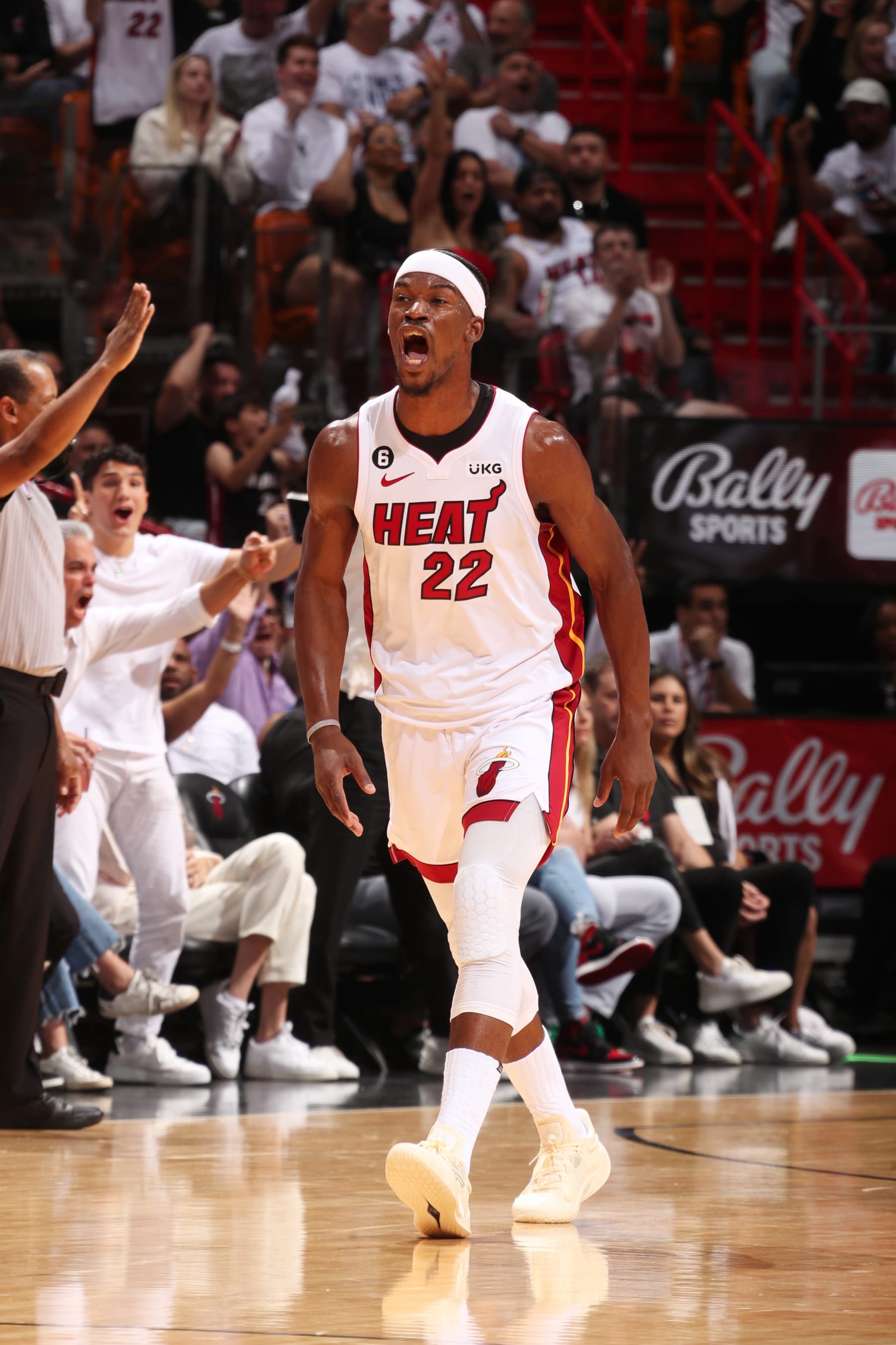 MIAMI, FL - APRIL 22: Jimmy Butler #22 of the Miami Heat reacts during Round 1 Game 3 of the 2023 NBA Playoffs against the Milwaukee Bucks on April 22, 2023 at Miami-Dade Arena in Miami, Florida. NOTE TO USER: User expressly acknowledges and agrees that, by downloading and or using this Photograph, user is consenting to the terms and conditions of the Getty Images License Agreement. Mandatory Copyright Notice: Copyright 2023 NBAE (Photo by Issac Baldizon/NBAE via Getty Images)