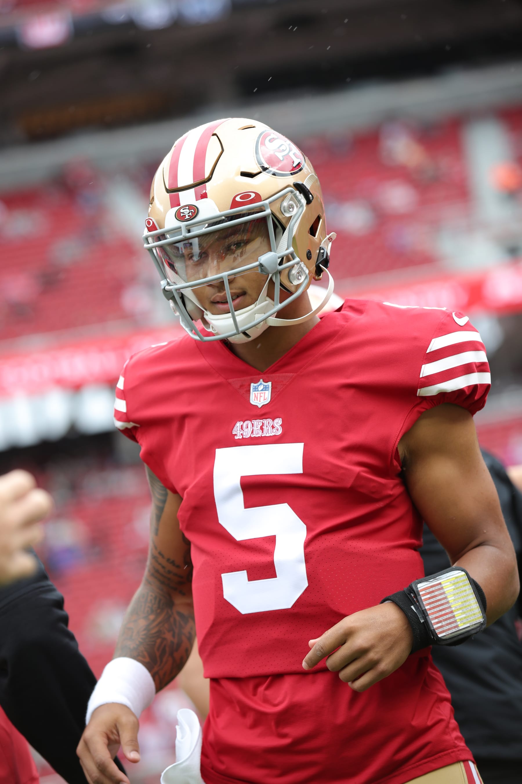 SANTA CLARA, CA - SEPTEMBER 18: Trey Lance #5 of the San Francisco 49ers on the field before the game against the Seattle Seahawks at Levi's Stadium on September 18, 2022 in Santa Clara, California. The 49ers defeated the Seahawks 27-7. (Photo by Michael Zagaris/San Francisco 49ers/Getty Images)